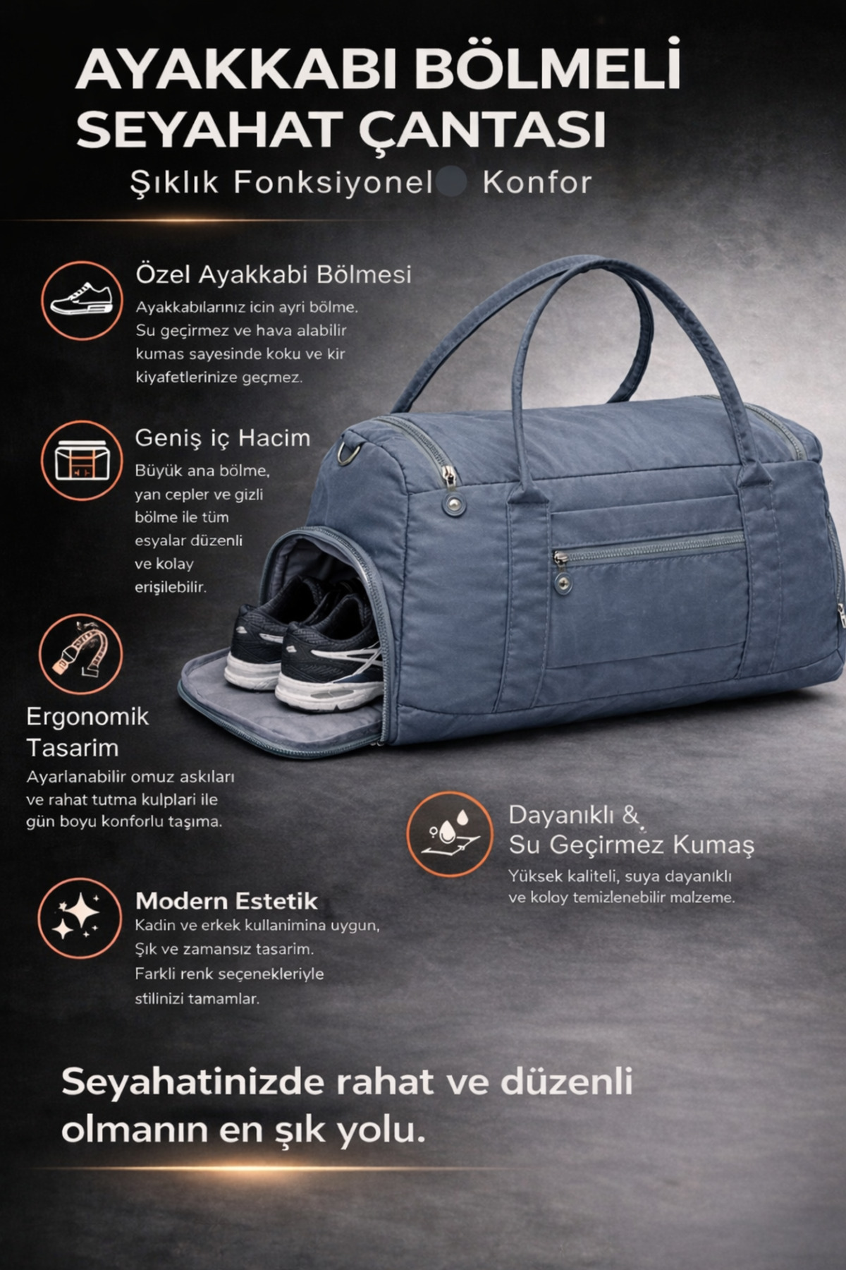 KAFF  Gri Krinkıl Kumaş Ayakkabı Bölmeli 0818 Önü Cepli Su Geçirmez Omuz Askılı Spor Ve Seyahat Çantası - Görsel 8