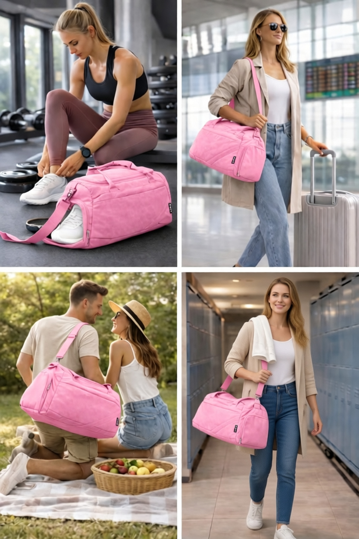 KAFF  Pembe Krinkıl Kumaş Ayakkabı Bölmeli 0818 Önü Cepli Su Geçirmez Omuz Askılı Spor Ve Seyahat Çantası - Görsel 4