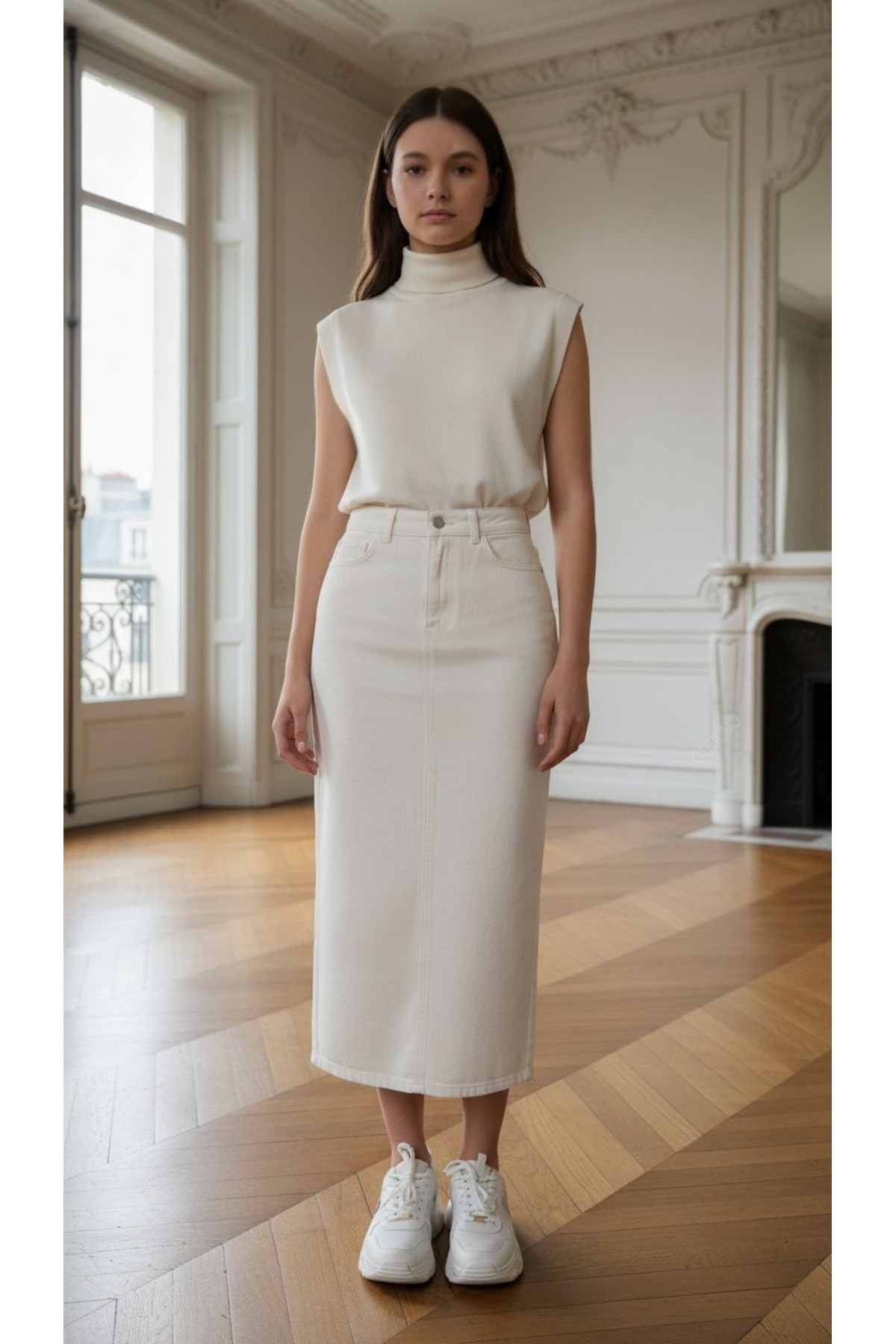 Dema  Ekru Yüksek Bel Bilek Boy Denim Etek – Tesettüre Uygun, Düz Kesim, Günlük & Şık Kadın Denim Etek - Görsel 3