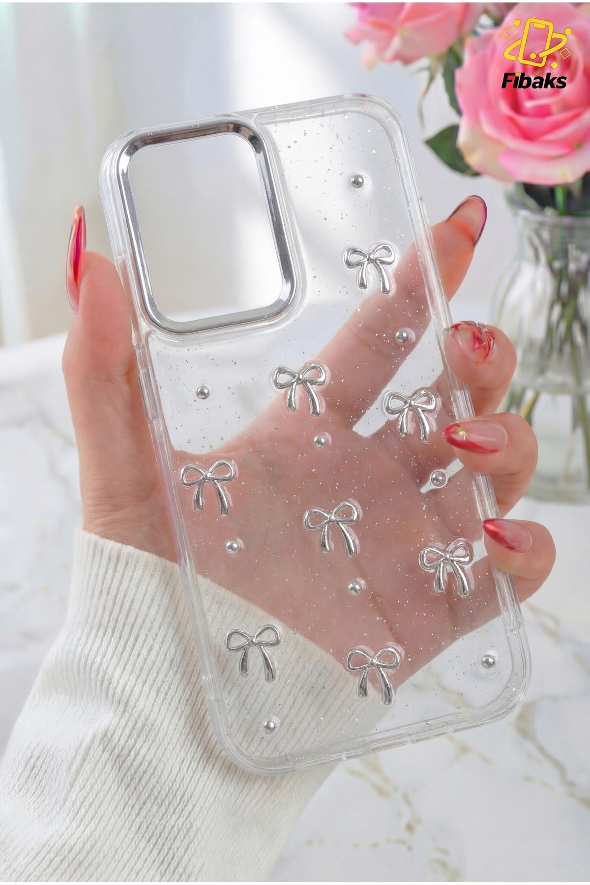 Galaxy A56 Case Bow Pattern Transparent Glitter Silver Camera Protruding Shiny Cover