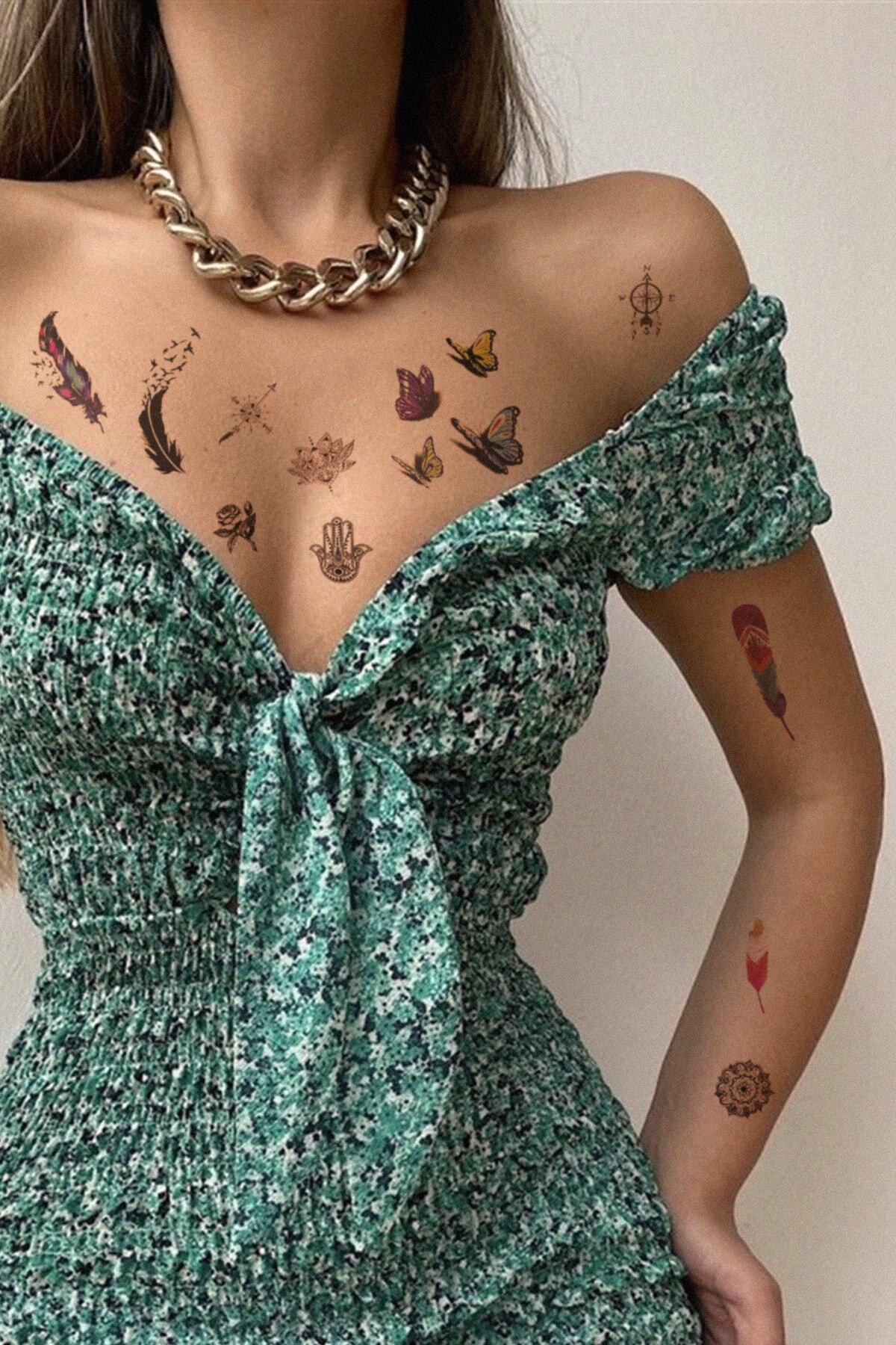 Feather And Butterfly Mixed Temporary Tattoo