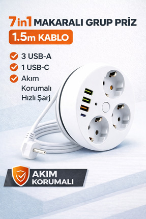 Ecuy 7in1 Akım Korumalı Makaralı Grup Priz 1.5m Kablo 3 USB-A 1 USB-C Hızlı Ş...