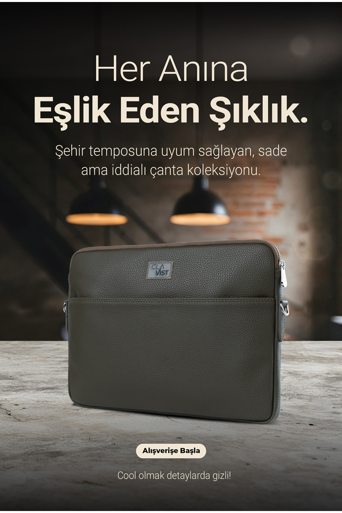 Clavist Vegan Deri Portföy Çanta Haki görsel 4