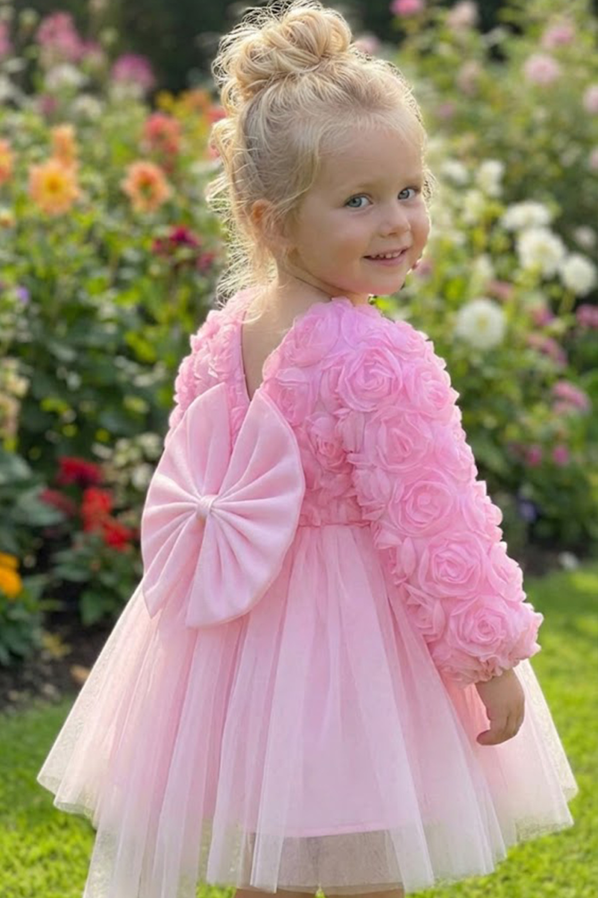ALYRA Kız Bebek Elbise Uzun Kollu Fiyonklu Güllü Doğum Günü Parti Düğün Özel Gün Abiye Kız Çocuk Elbise fotoğrafı 3 (önizleme)