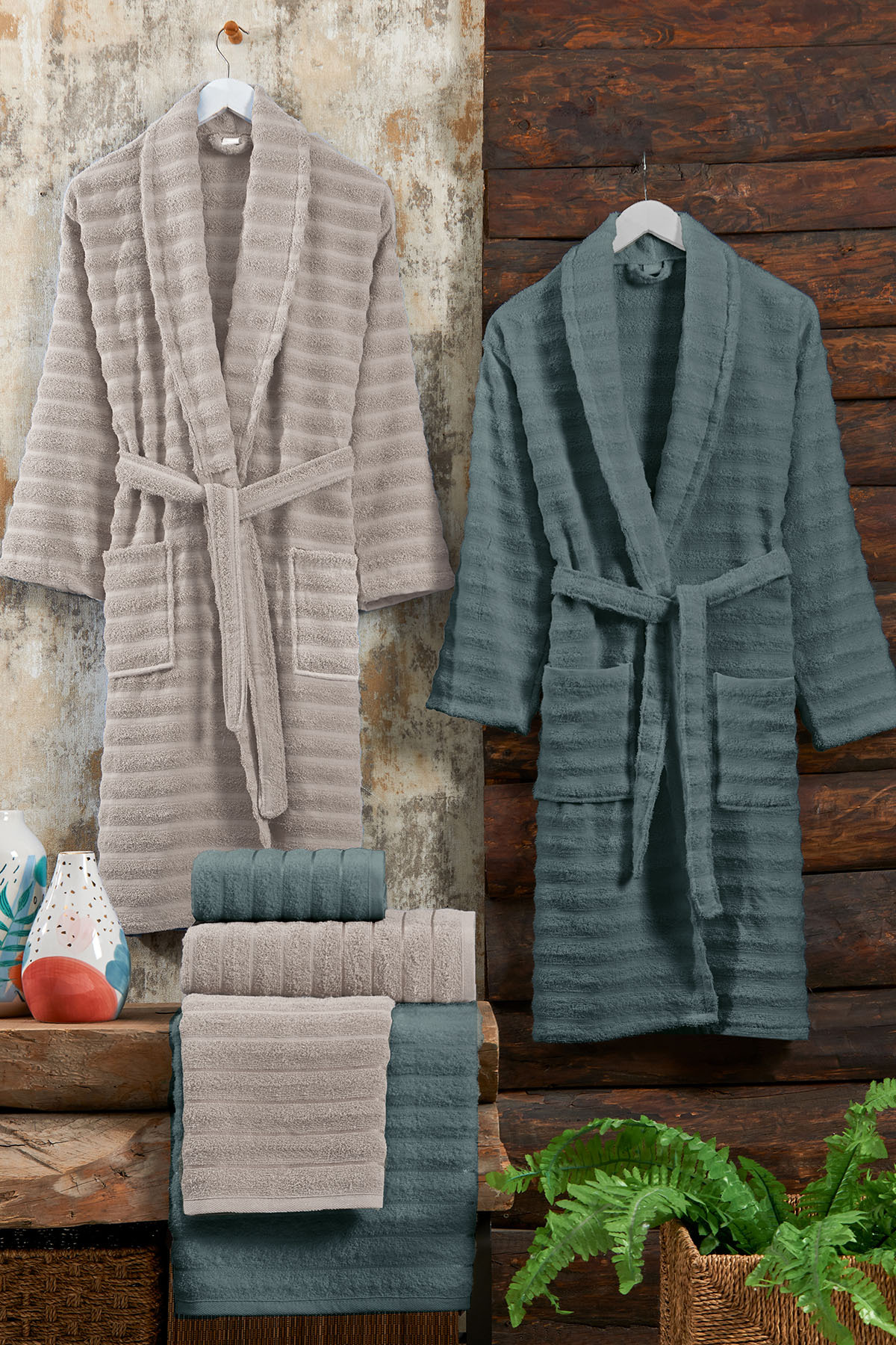 Soft Bathrobe Family Set 6 Pieces (70x135 cm) Beige-Green