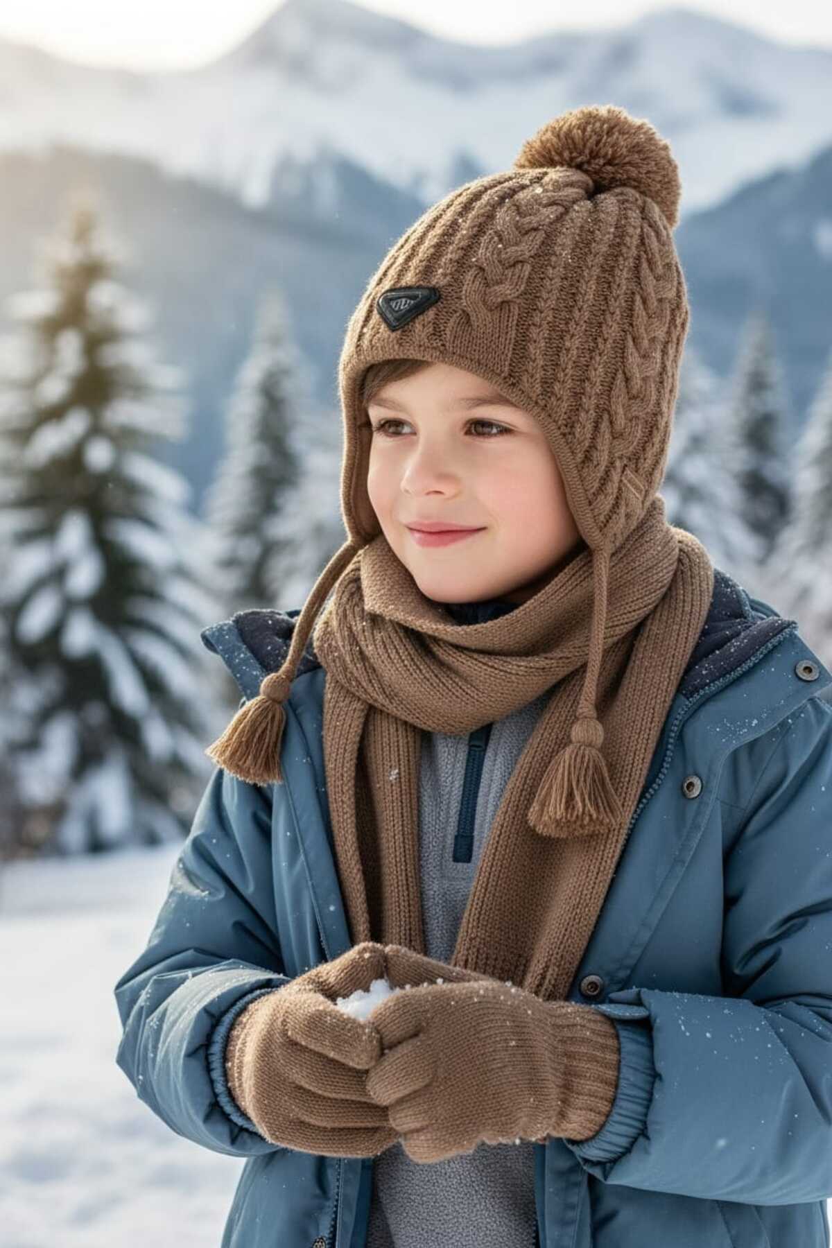 Kitti 4-8 Yaş Erkek Bebek & Çocuk Atkı Bere Eldiven 3'lü Takım fotoğrafı 2 (önizleme)