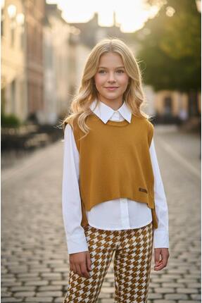 Hilal Akıncı Kids Kız Çocuk Kahverengi Triko Süveter Beyaz Gömlek Kazayağı Mo...