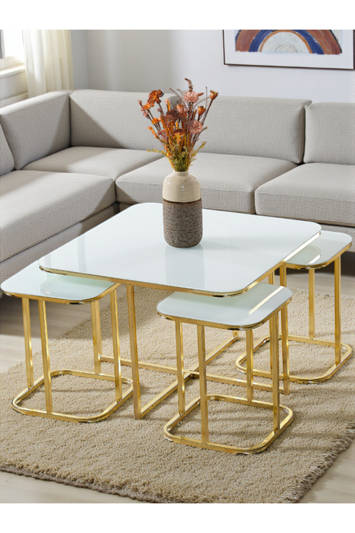 5 Li Sehpa Beyaz Temperli Cam Gold Metal Ayak Takım Sehpa Orta Sehpa Bohem lüx masa