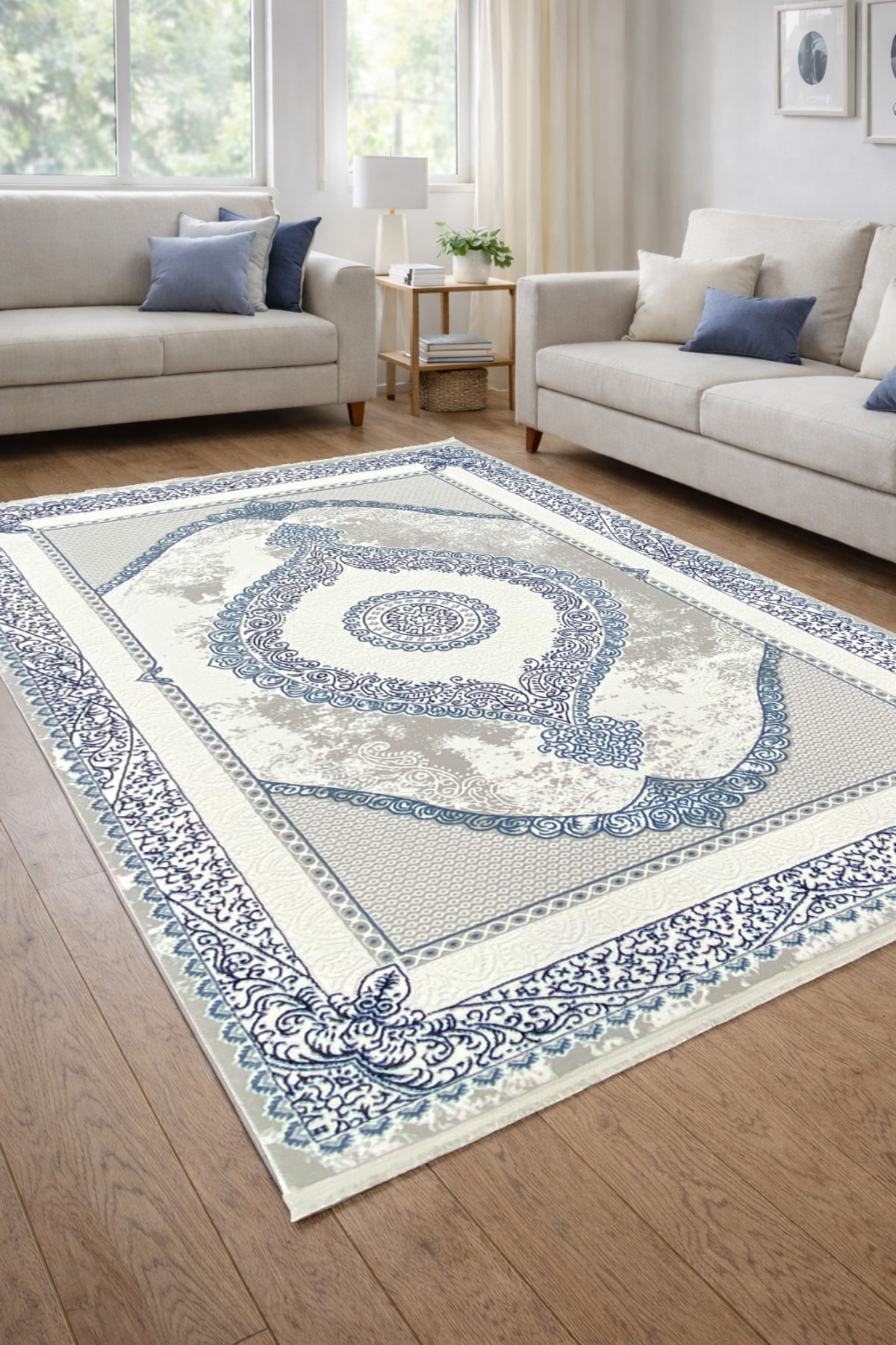 4 Square Meters - 6 Square Meters Thick Modern Woven Living Room Kitchen Rug Antiallergic Grey Blue