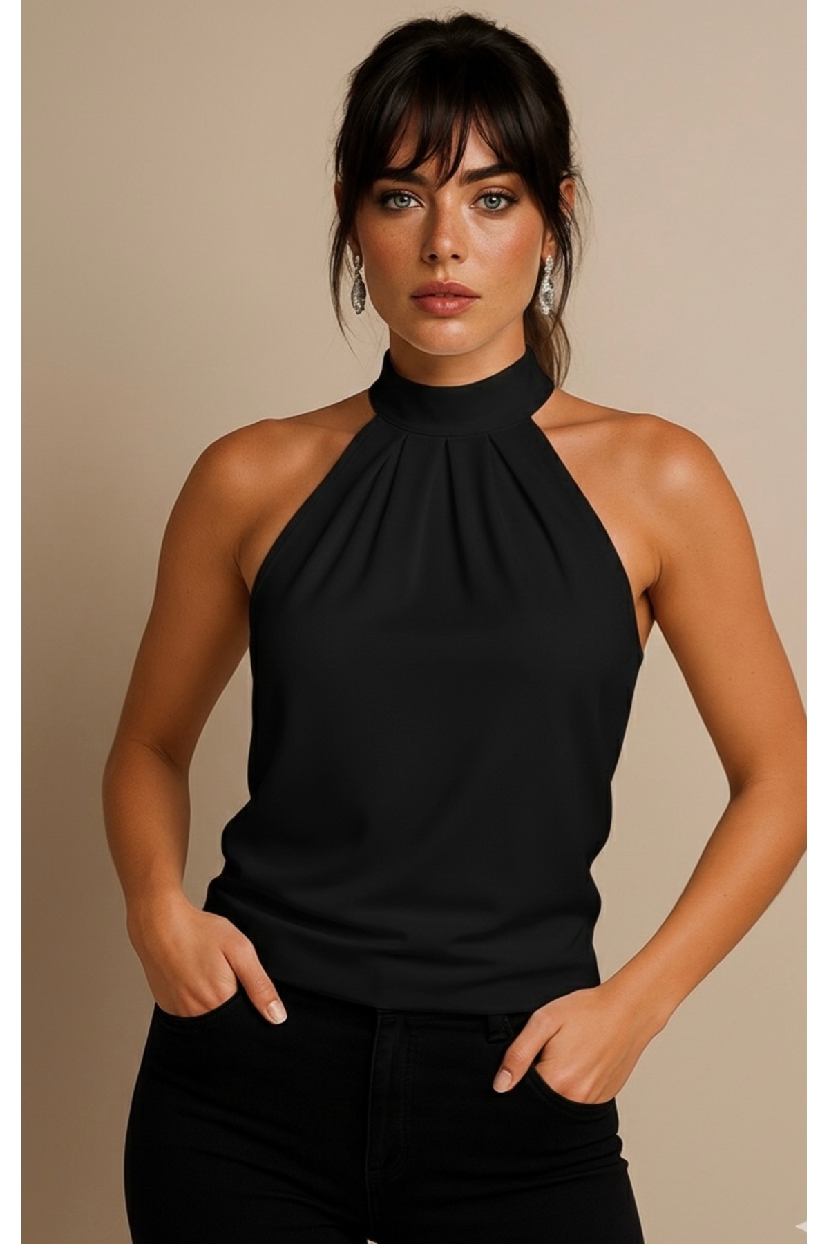 Be Best  Kadın Siyah Ön Arka Halter Yaka Bluz BE252