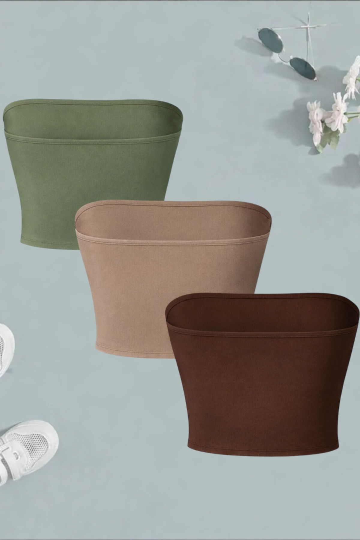 Olyssia  Kadın 3'lü Paket Straplez Büstiyer Crop Top / Vücuda Oturan Esnek Şık Bandeau Basic Bluz - Görsel 9