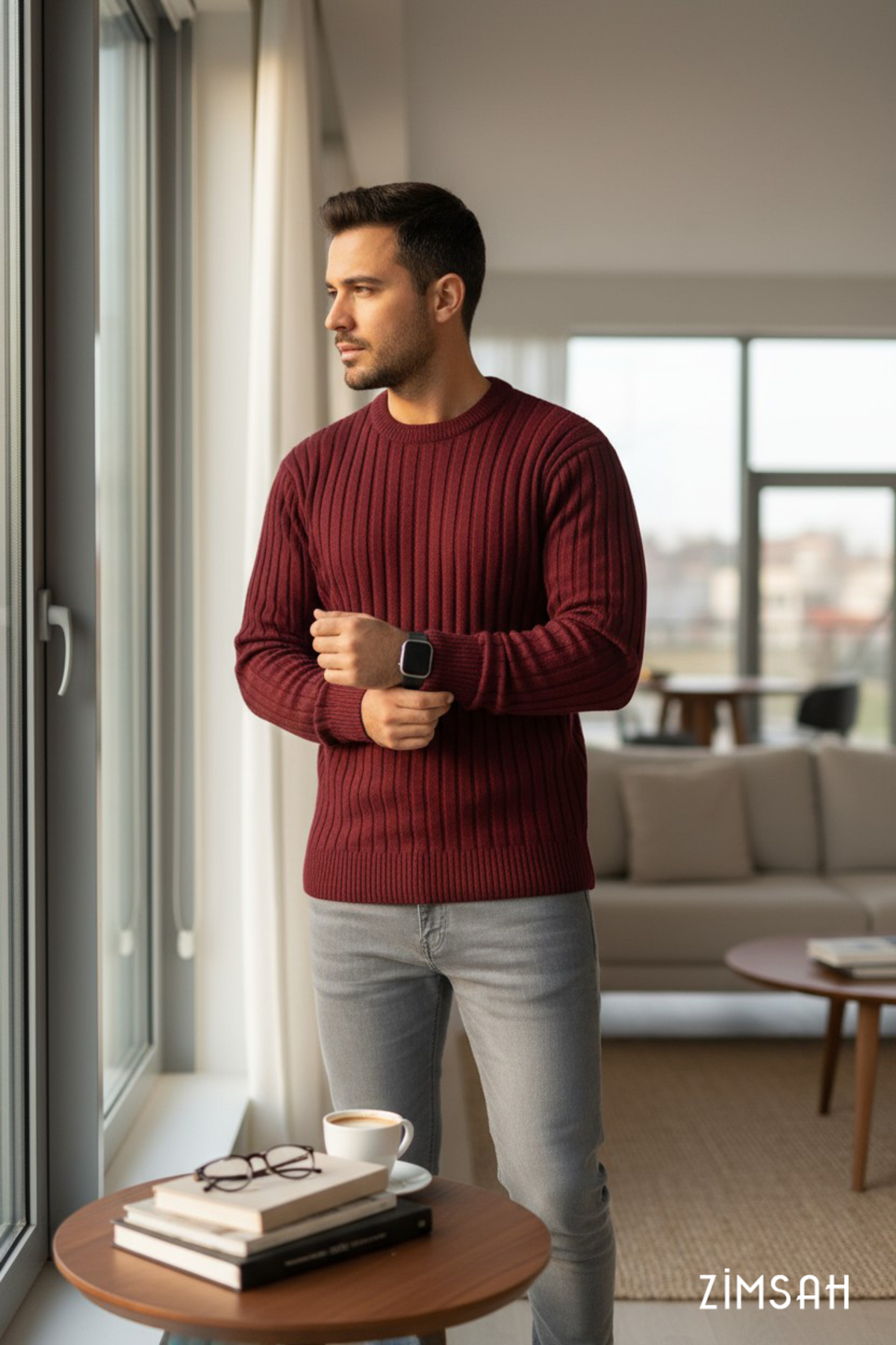 ژاکت بافتنی مردانه ژاکت Claret ژاکت قرمز Slim Fit — زرشکی Zimsah1415 — تصویر 2 از 6