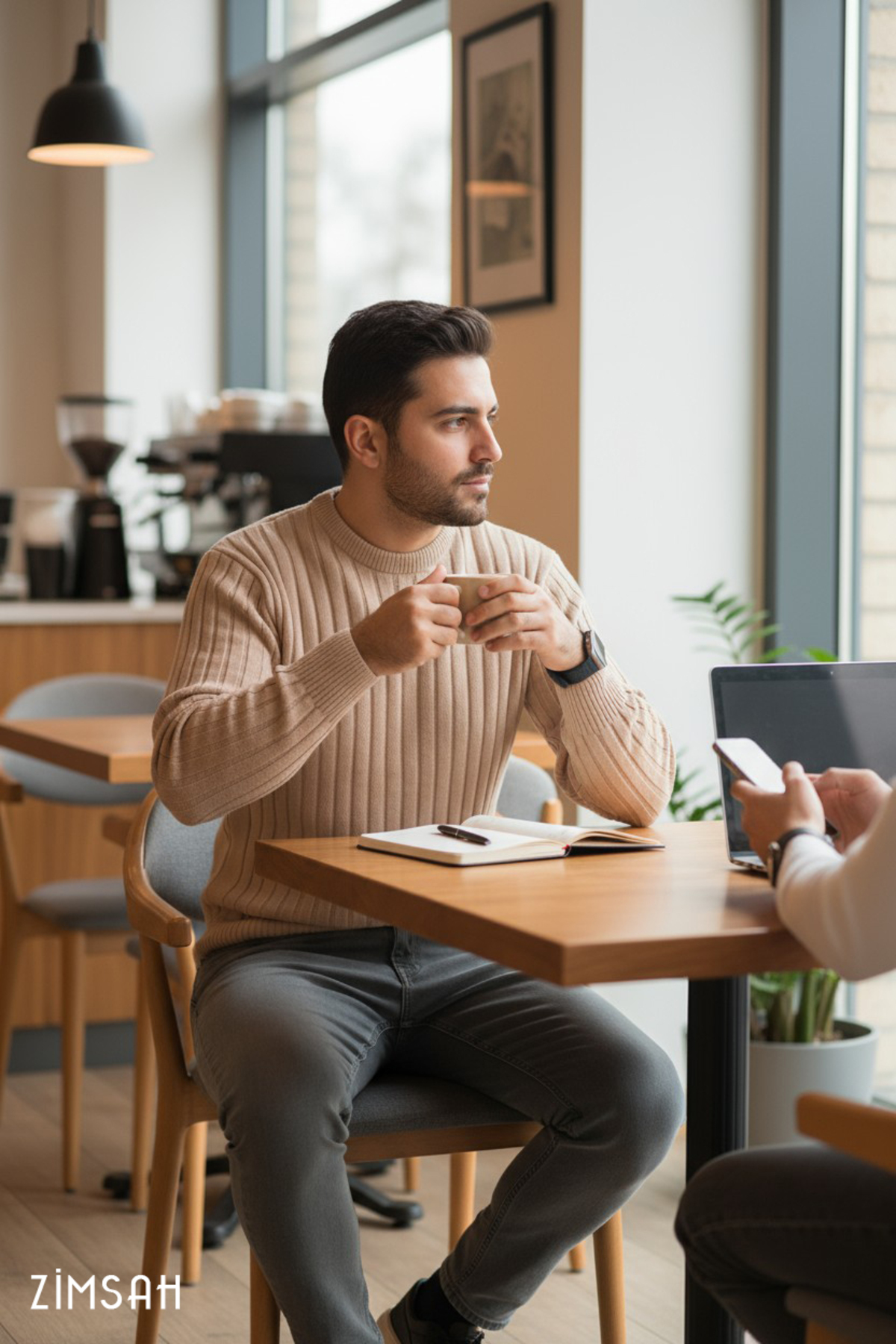 Zimsah  Erkek Kazak Triko Kazak Bej Kazak Slim Fit - Görsel 3