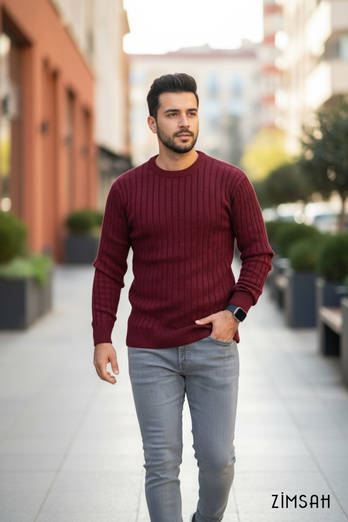 Zimsah Erkek Kazak Triko Kazak Bordo Kazak Slim Fit