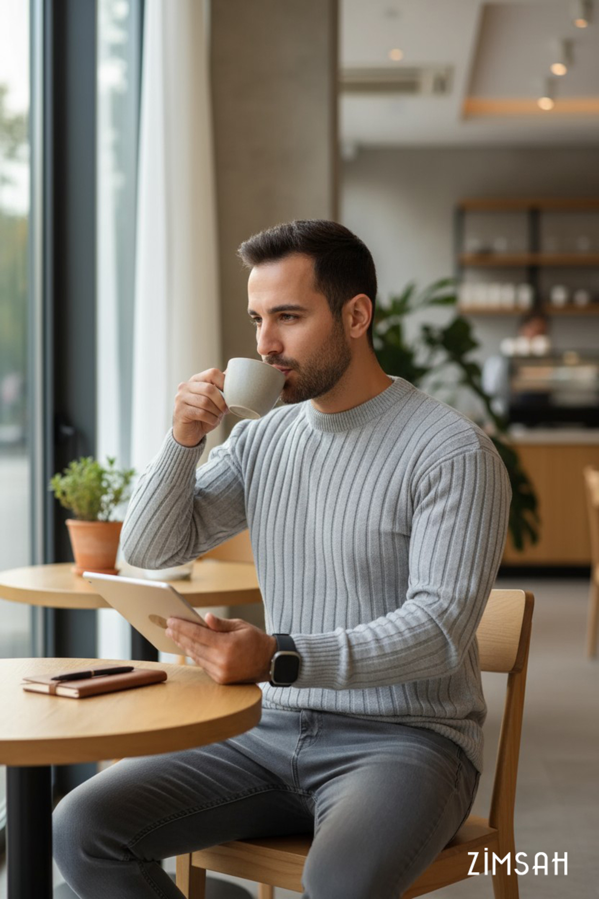 Zimsah  3 Adet Slim Fit Triko Erkek Kazak Bisiklet Yaka (Bej – Siyah – Gri) - Görsel 4