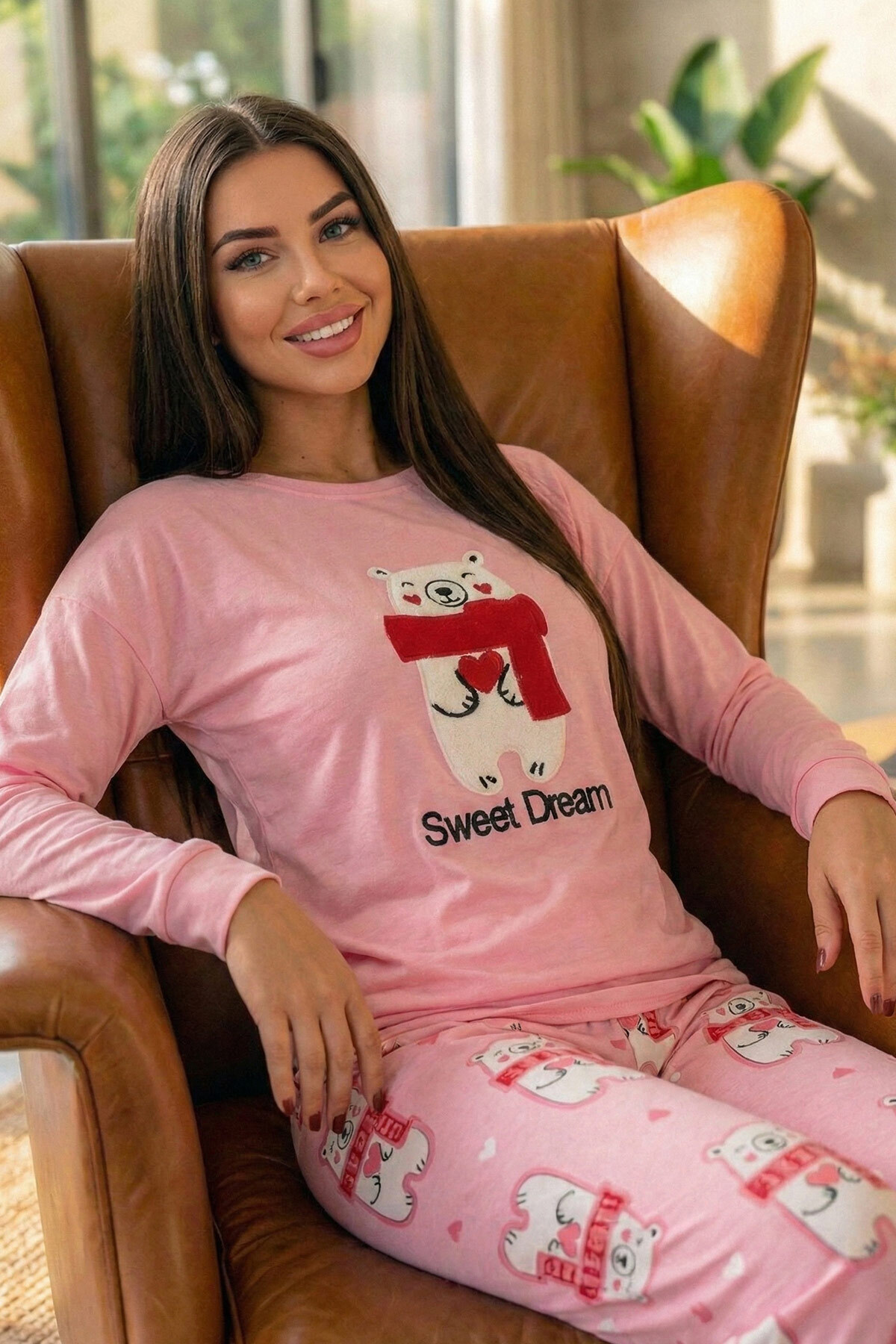 Pijamaevi Pembe Sweet Dream Desenli Termal Kadın Pijama Takımı görsel 3
