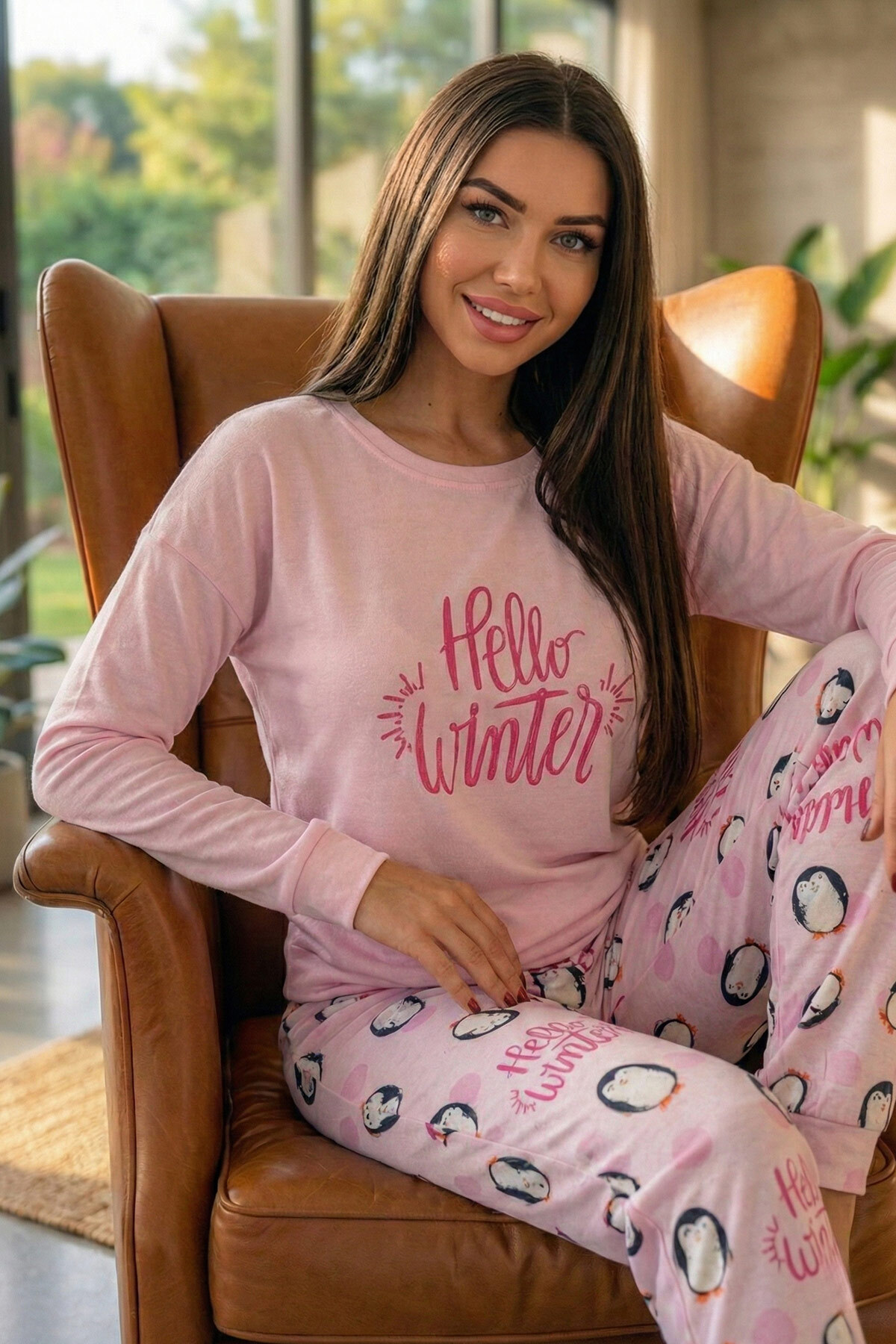 Pijamaevi Pembe Penguen Winter Desenli Termal Kadın Pijama Takımı görsel 3