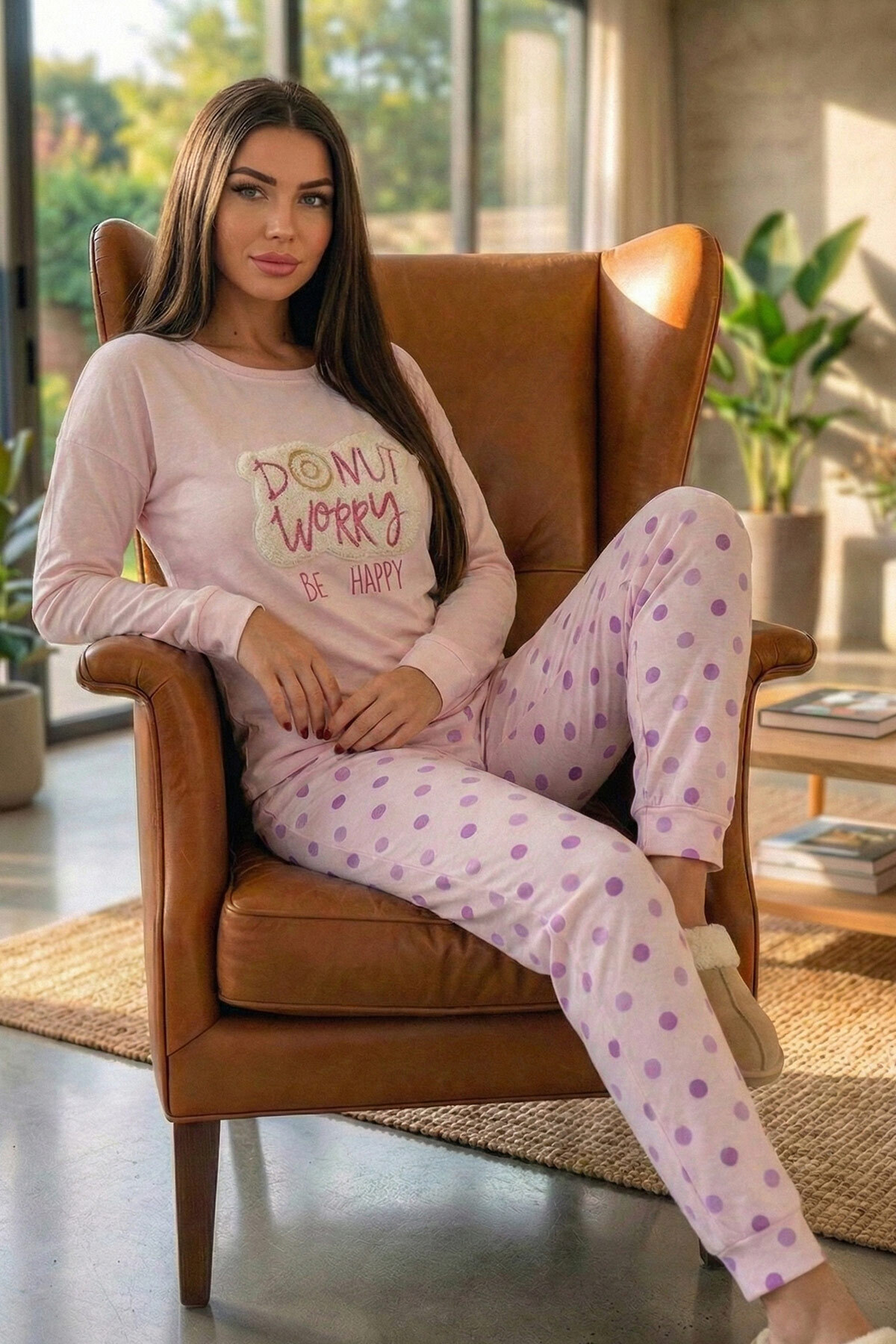 Pijamaevi Toz Pembe Donut Worry Desenli Termal Kadın Pijama Takımı görsel 5