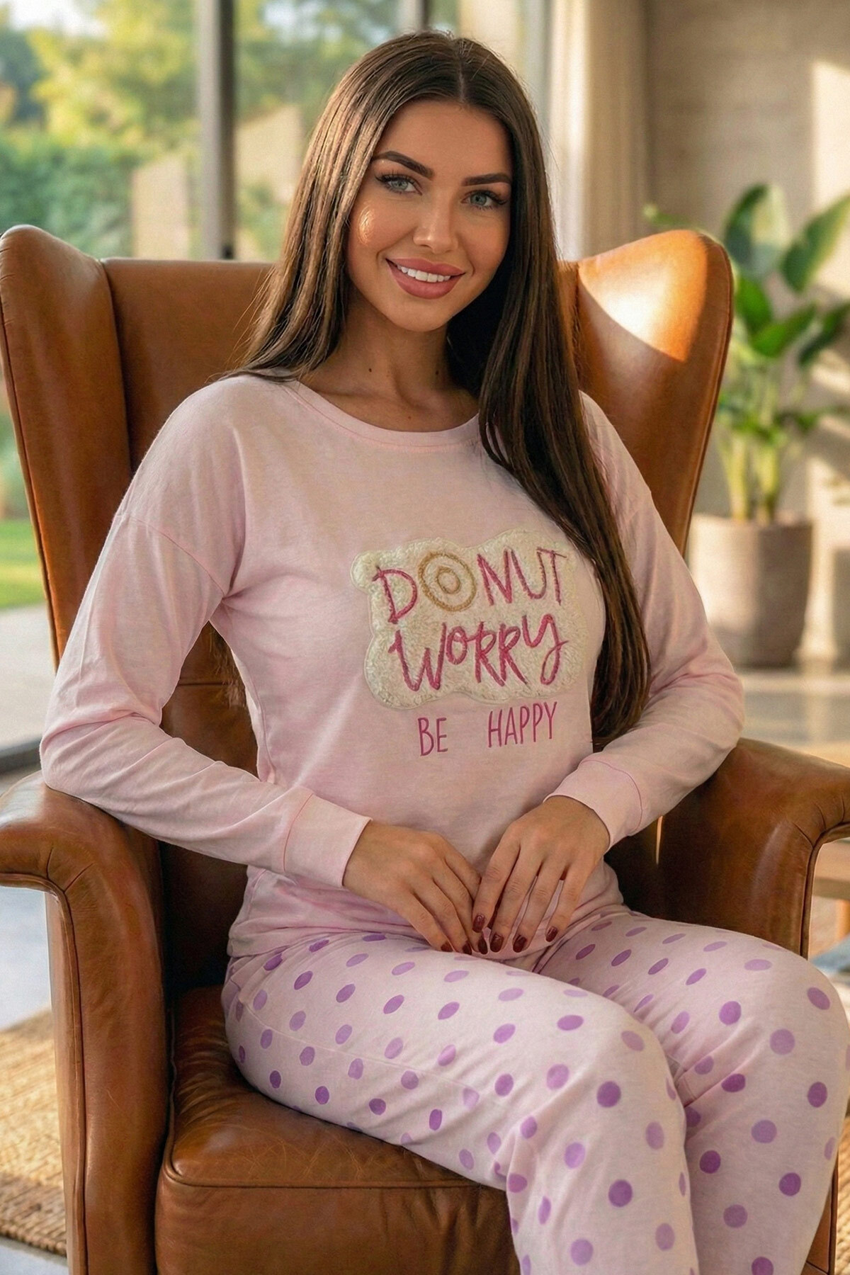 Pijamaevi Toz Pembe Donut Worry Desenli Termal Kadın Pijama Takımı görsel 4
