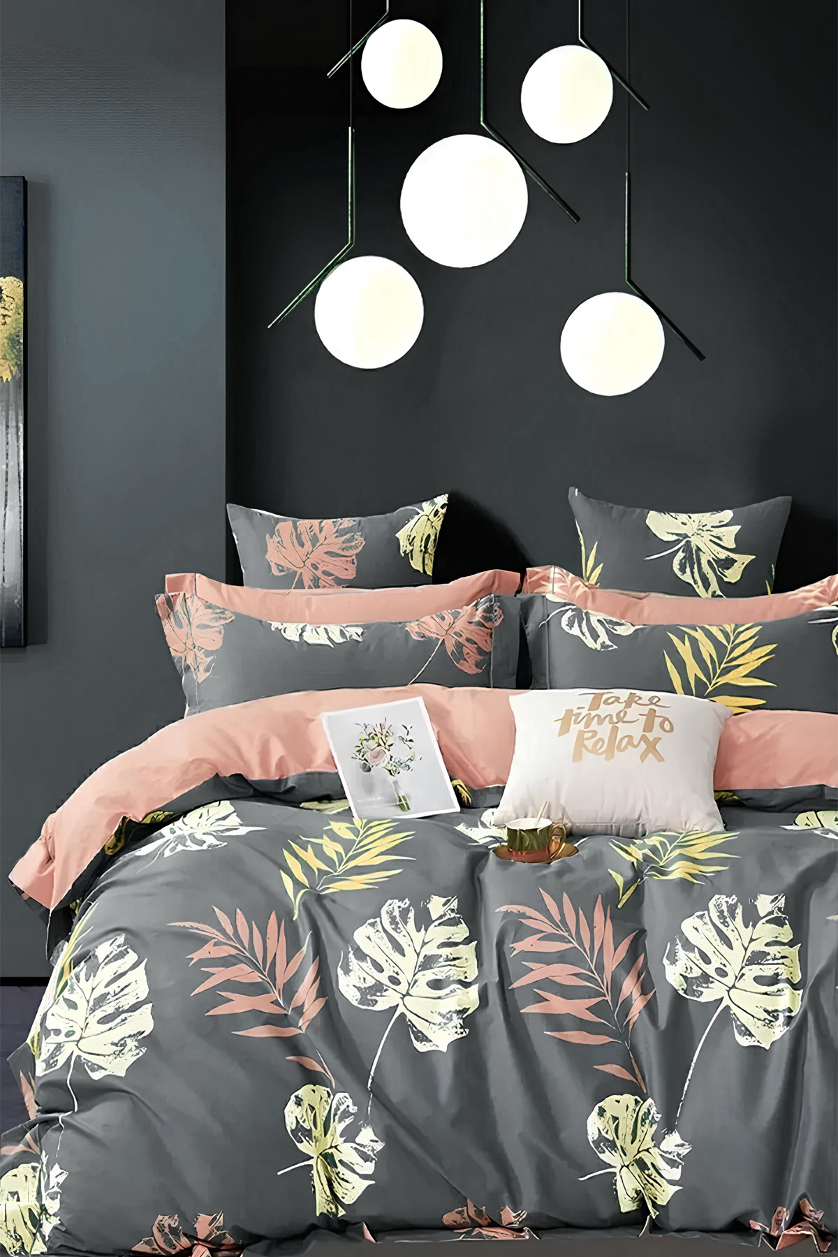 İQON Lastikli Çarşaflı Nevresim Takımı Çift Kişilik Leaf Gri 200x220 cm fotoğrafı 2 (önizleme)