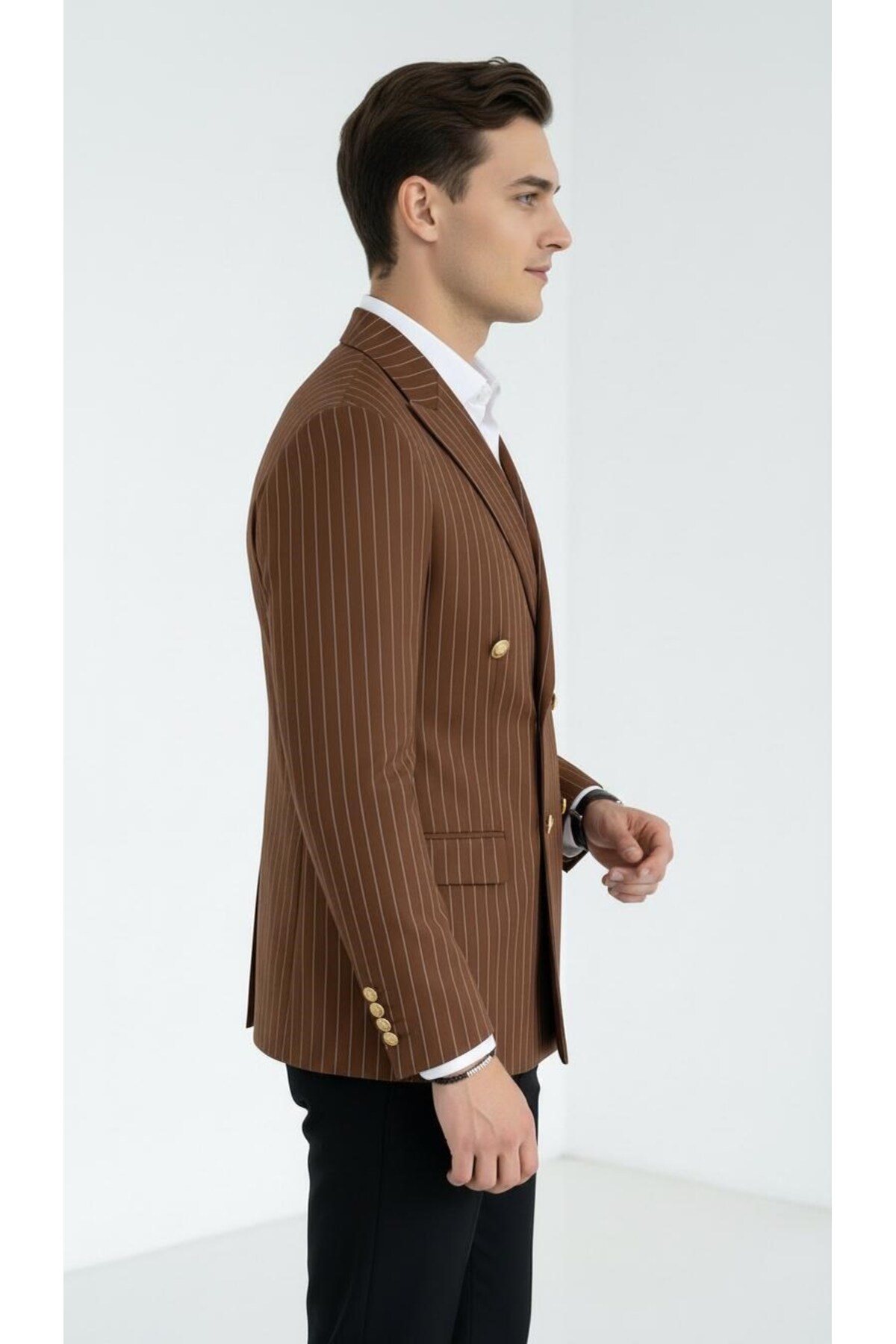 Plus Scorpion  Kahverengi Çizgili Erkek Kruvaze Blazer Ceket – İtalyan Kesim, Modern Şıklık - Görsel 3