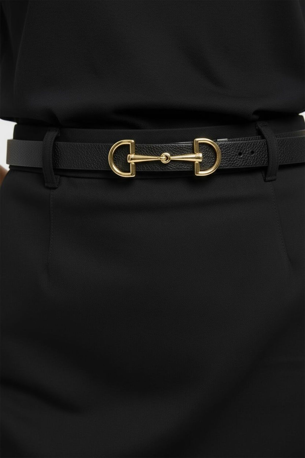 Kemerix  Kadın Çift Yönlü Gold Tokalı Siyah-taba İnce kemer