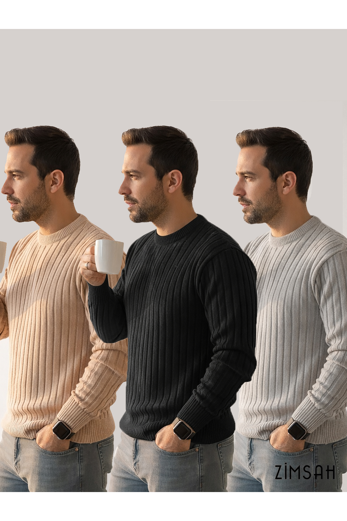 Zimsah  3 Adet Slim Fit Triko Erkek Kazak Bisiklet Yaka (Bej – Siyah – Gri)