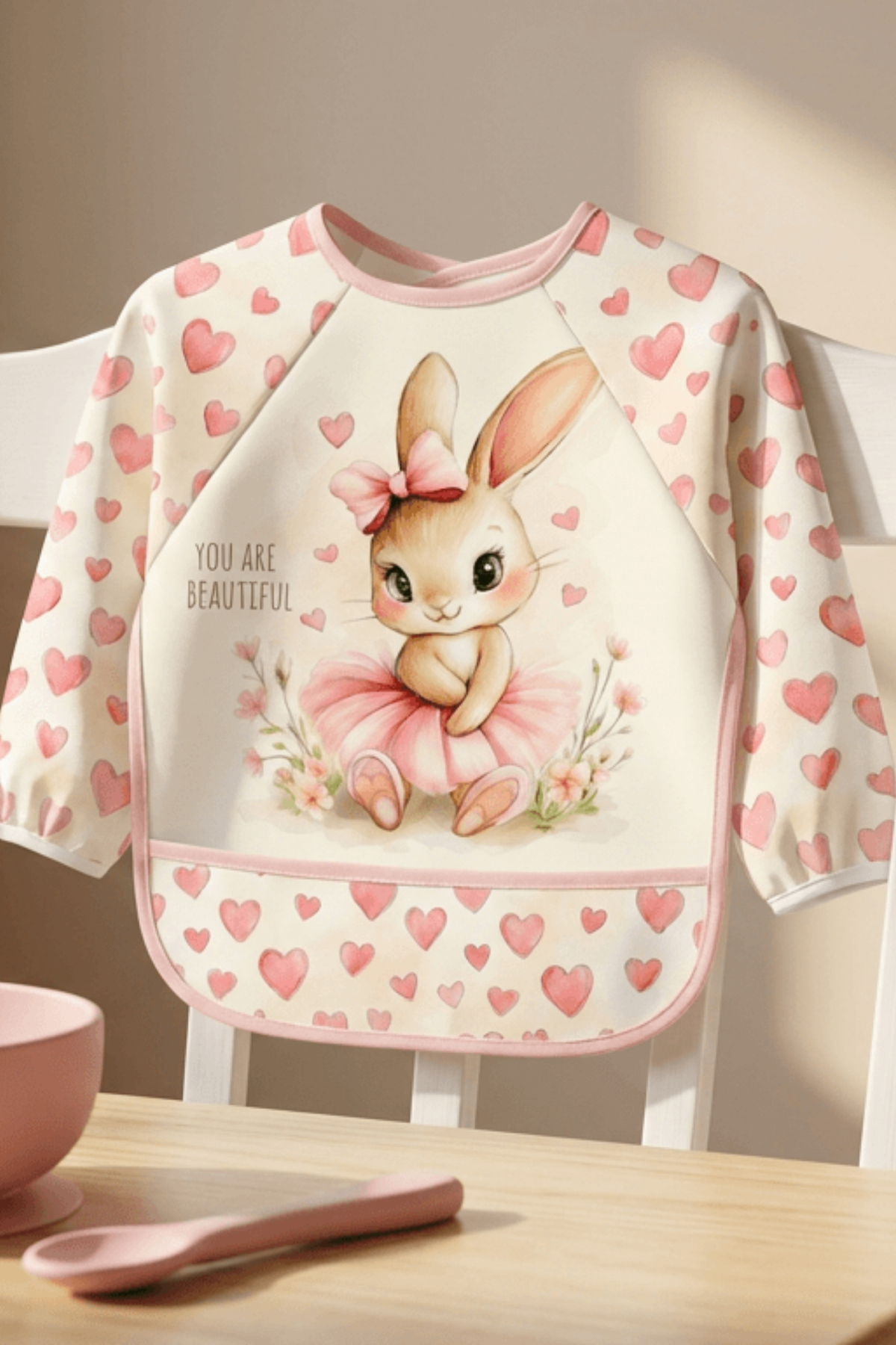 Bebechi Uzun Kollu Giyilebilir Tavşan Desen Sıvı Geçirmez Aktivite ve Mama Önlüğü Su Geçirmez Bebek Önlük fotoğrafı 4 (önizleme)