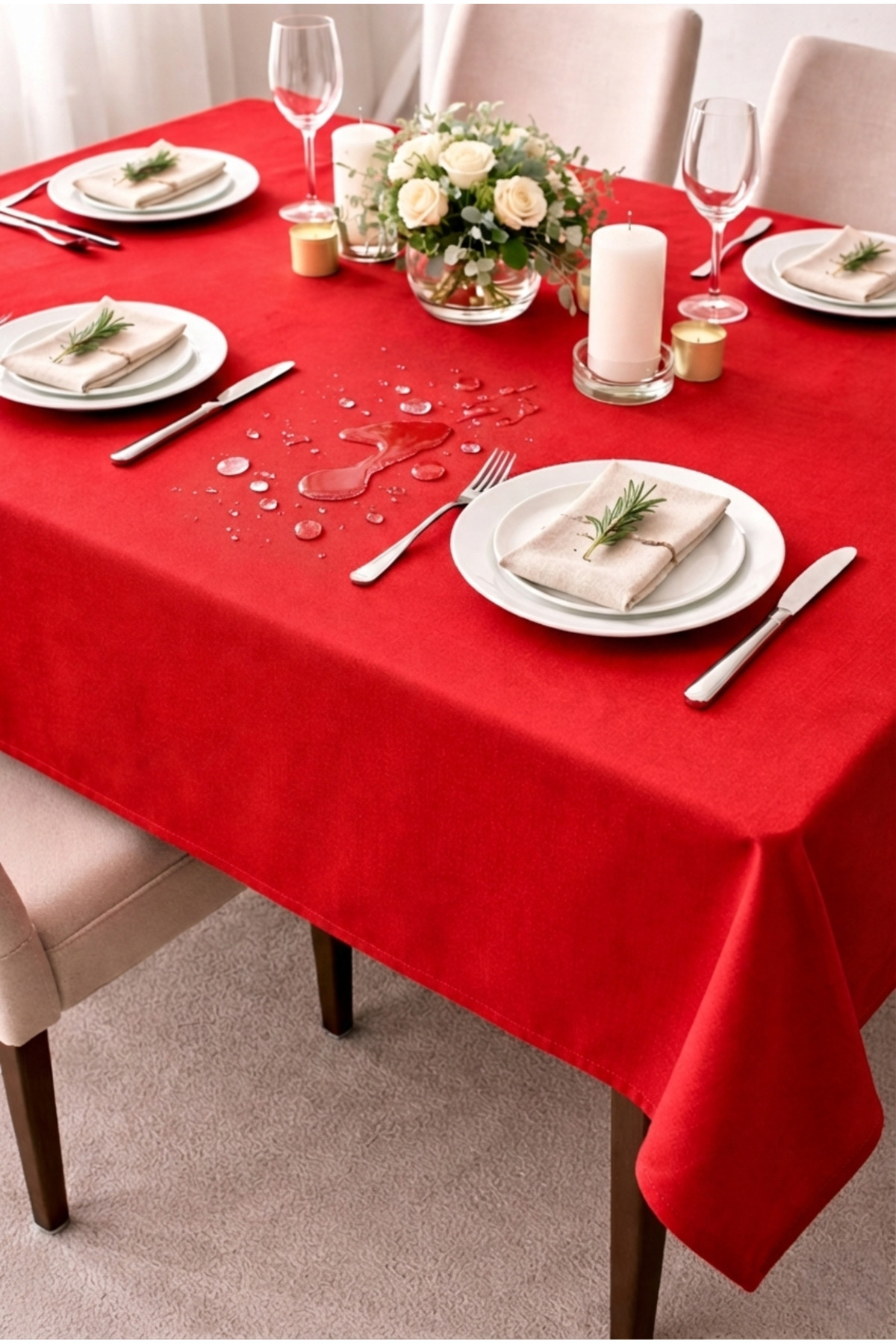 Large Size Dining Tablecloth with Red Water Repellent