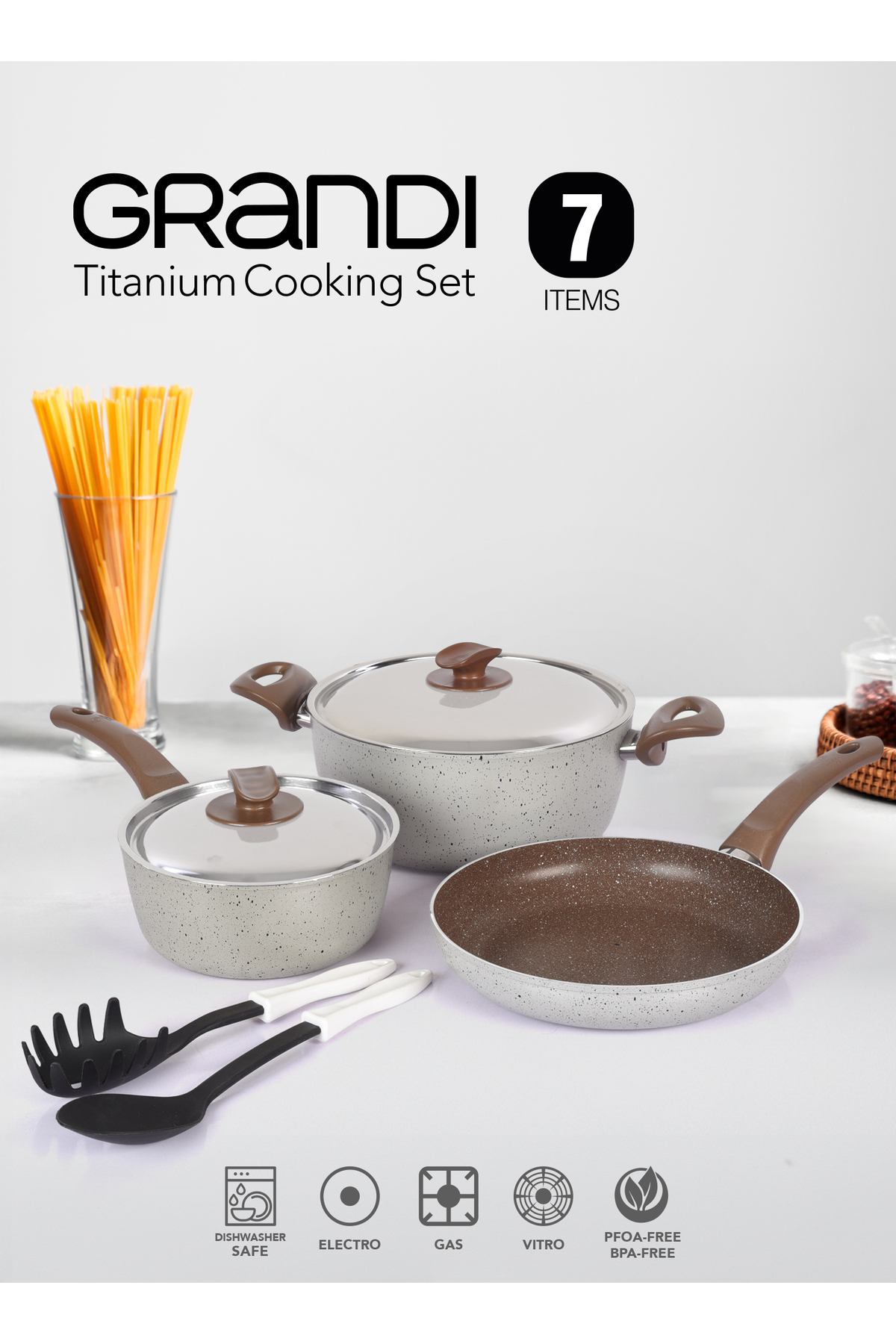 GRANDİ طقم أواني طهي جرانيت غير لاصقة من 7 قطع - بني وبيج (24+24+18 سم)