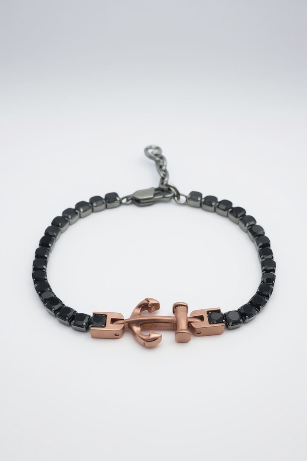 Adjustable 18 +3cm Steel Bracelet with Black Zircon Stone with Men's Anchor Motif
