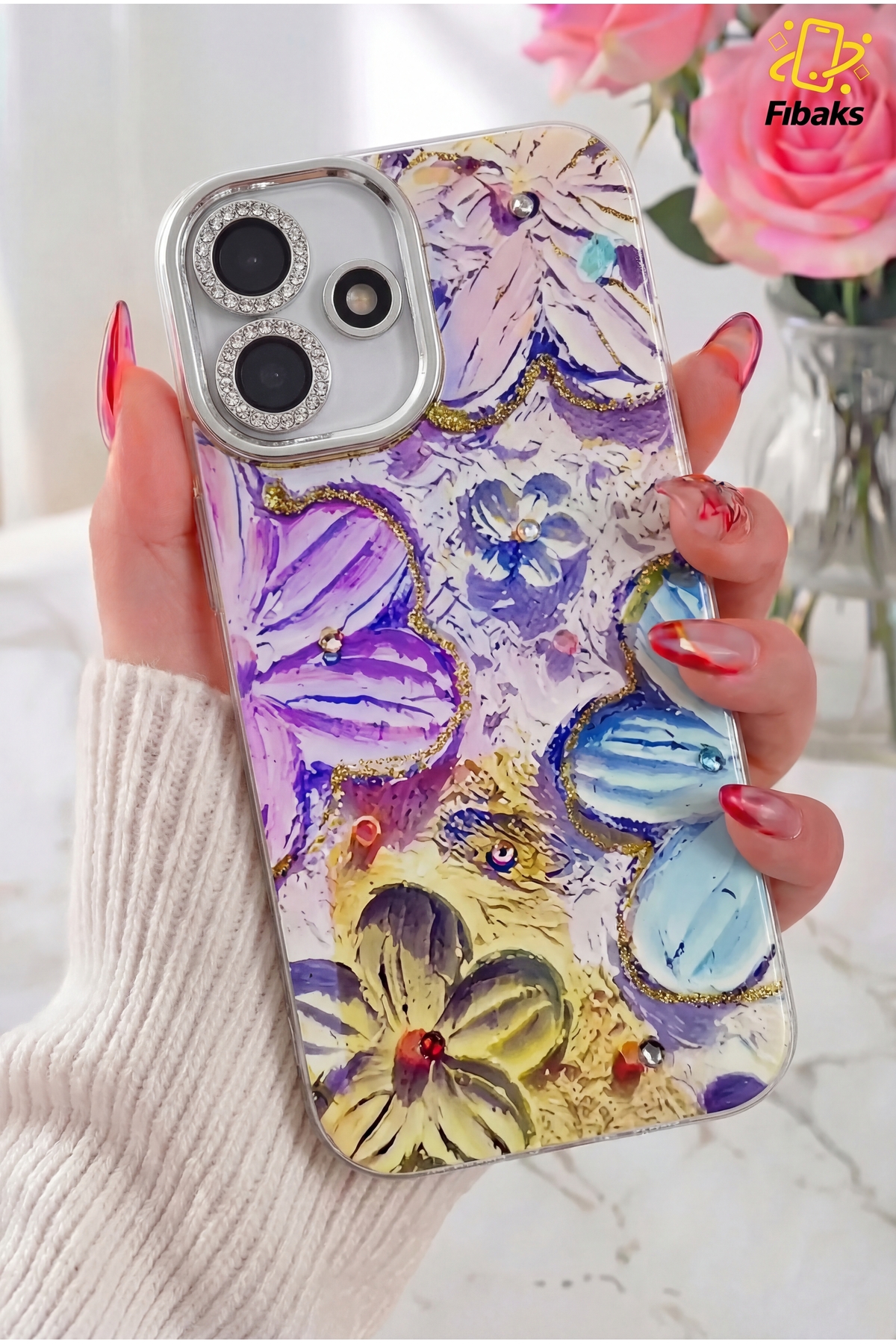 iPhone 16 Plus Case Color Changing Stone Camera Shock Absorbing Cover with Blue Flower Pattern with Lens Protection