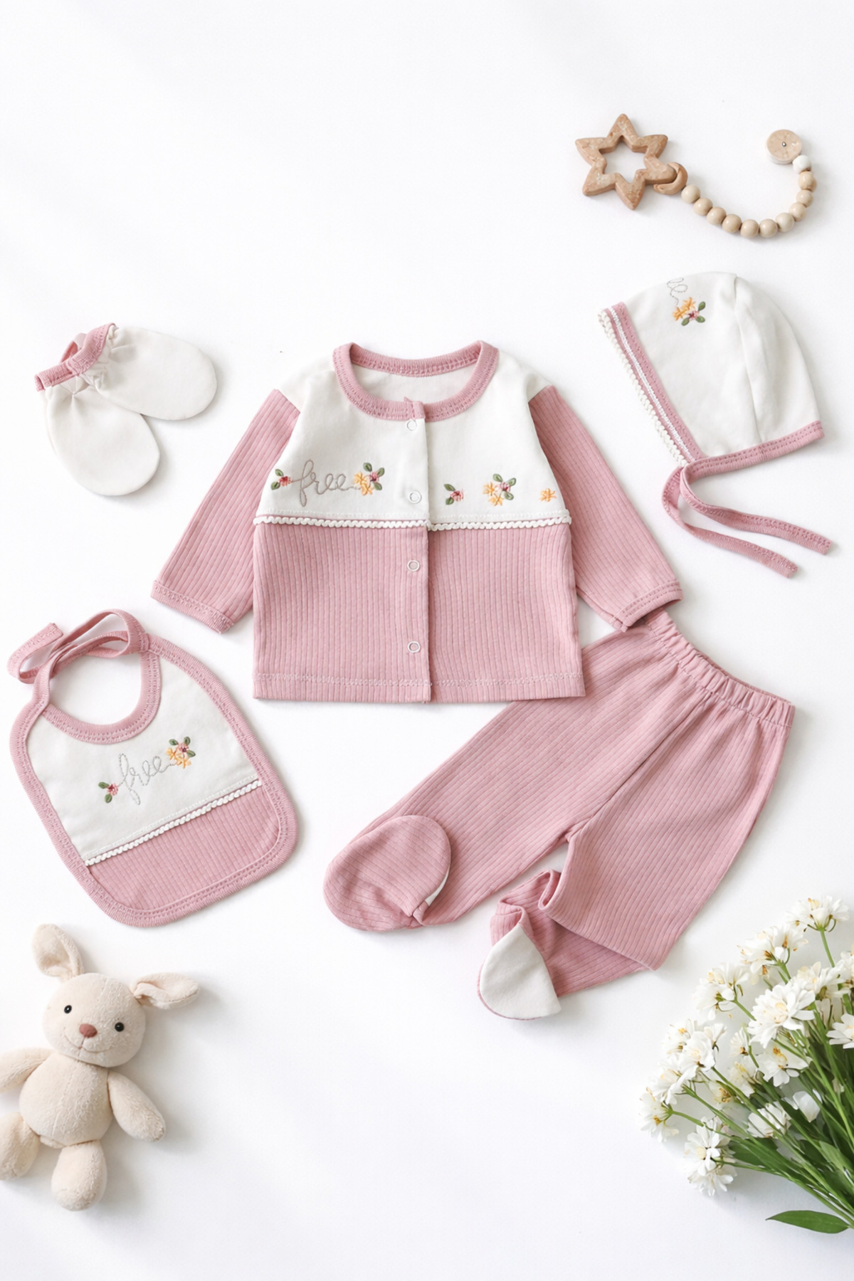 moukou %100 Pamuk Kız Bebek Yeni Doğan 5’li Hastane Çıkış Seti Doğum Hediye Seti fotoğrafı 3 (önizleme)