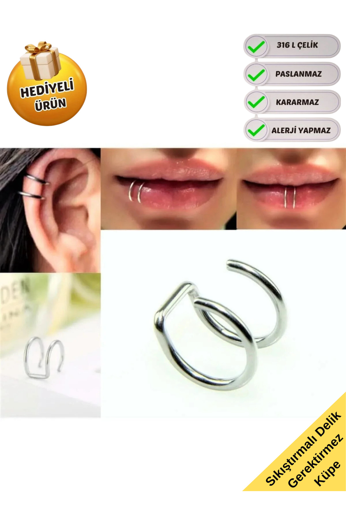 Piercing Market Steel & Silver Deliksiz Sıkıştırma Unisex Fake Dudak Burun Kulak Kıkırdak Septum 316l Cerrahi Çelik Ear Cuff Küpe