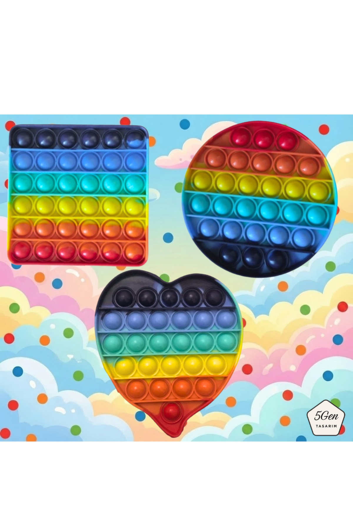 3-Piece Popit Colorful Pop It, Square, Circle Heart, Stress Intelligence Game, Sensory Relaxing Fidget Toy