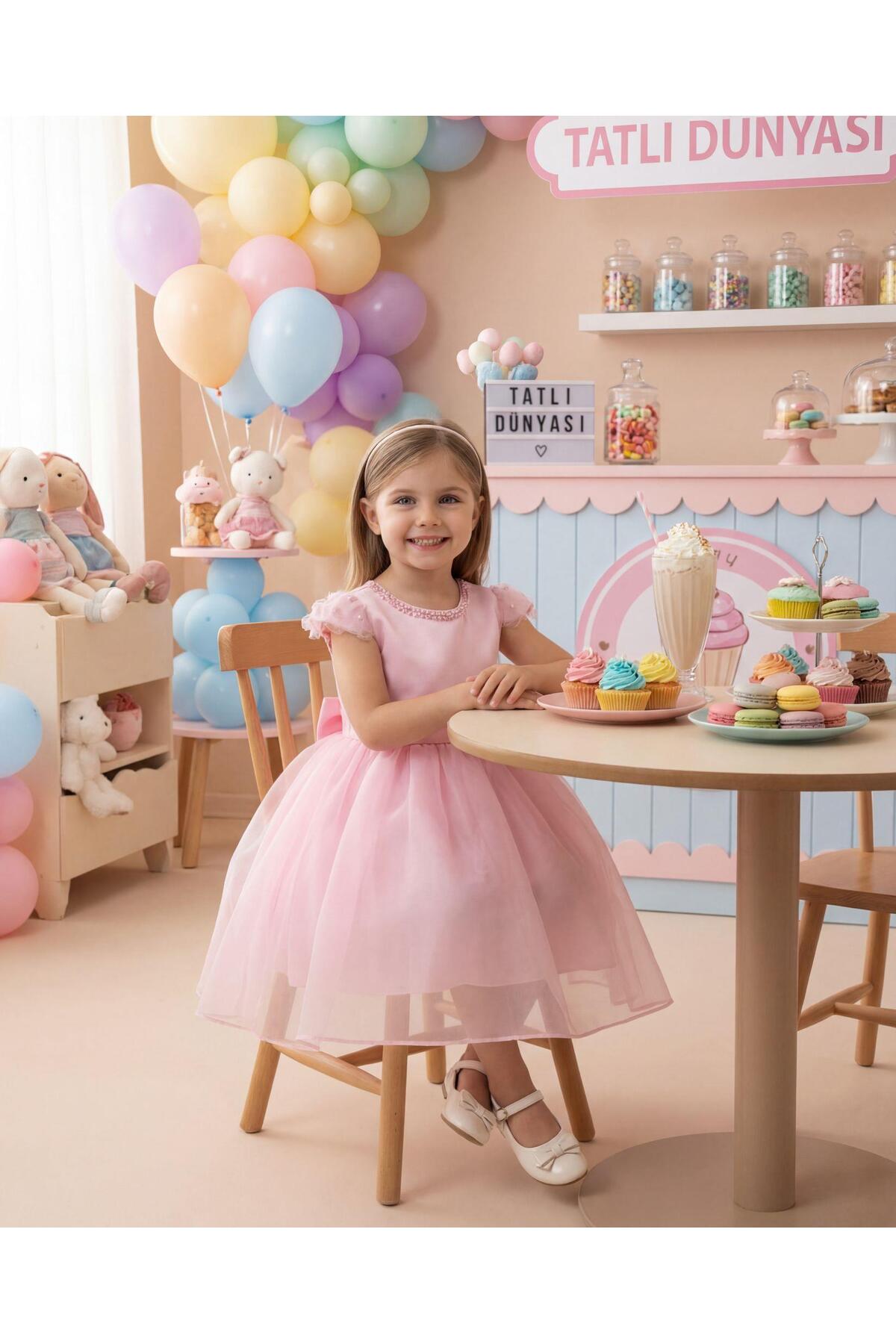BUTİKHAPPYKİDS Kız Çocuk Taş Yaka Detaylı Şifon Abiye Elbise Pembe 2-6 Yaş