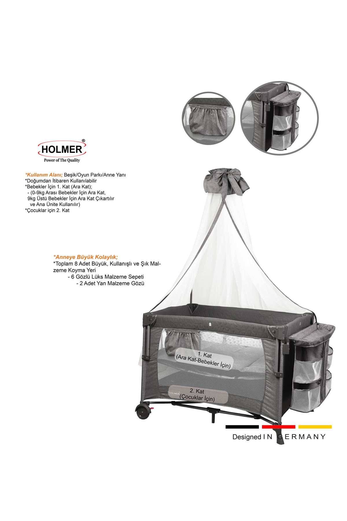 Holmer Maxi Comfort (ANNE YANI-DELUXE KUMAŞ) Cibinlikli Oyun Parkı/Anne Yanı 70x110cm Koyu Gri fotoğrafı 5 (önizleme)