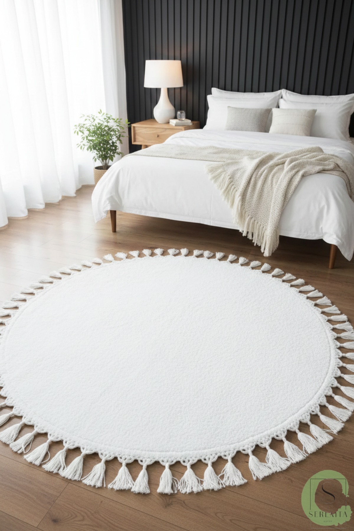 Post/Plush White Round Fringed Rug Washable Anti-Slip Floor Lounge Seat Corridor Kitchen
