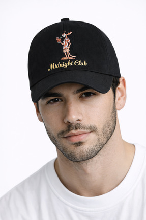 LUCEA “Midnight Club” Desenli Siyah Cırtlı Şapka | Unisex Ayarlanabilir Cap