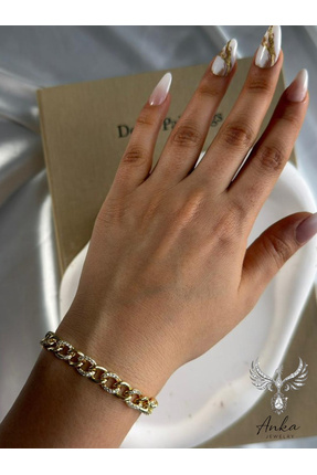 ANKA JEWELLRY HALKA MODEL KALIN ZİNCİR ZİRKON TAŞLI KLİPSLİ GOLD BİLEKLİK