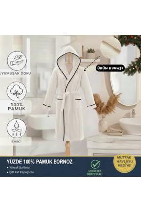 Layvera Unisex Krem %100 Pamuk Bornoz | Yüksek Kalite, Kapüşonlu ve Biyeli