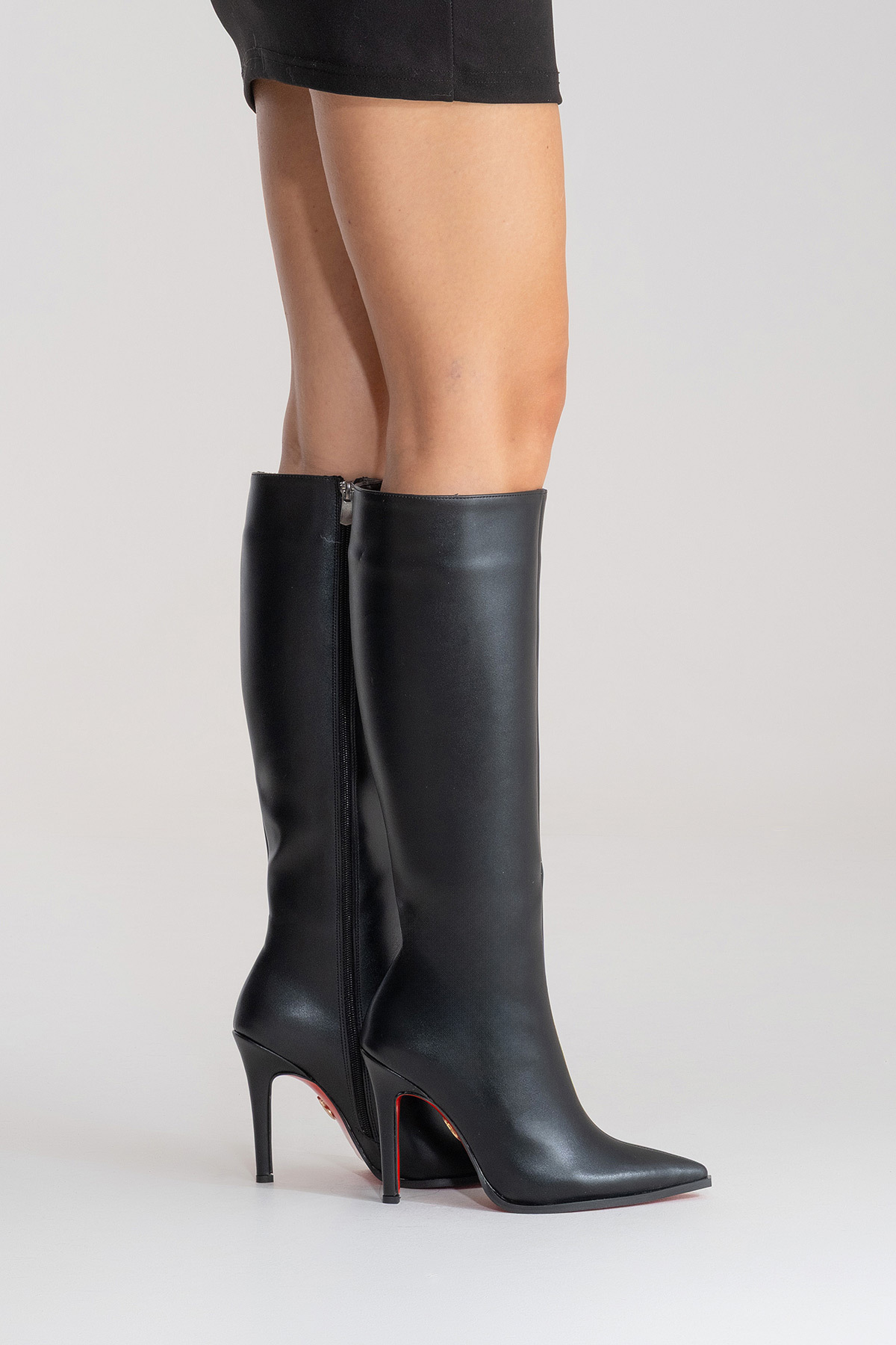 Ayakkabı Ateşi  Kadın Diz Altı Fermuarlı İnce Topuklu Çizme Yoran Siyah Cilt - Görsel 7