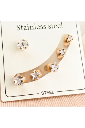 Kyver Tektaş Küpe Yıldız Model Tektaş Üçlü Set Küpe Kararmaz Çelik Gold