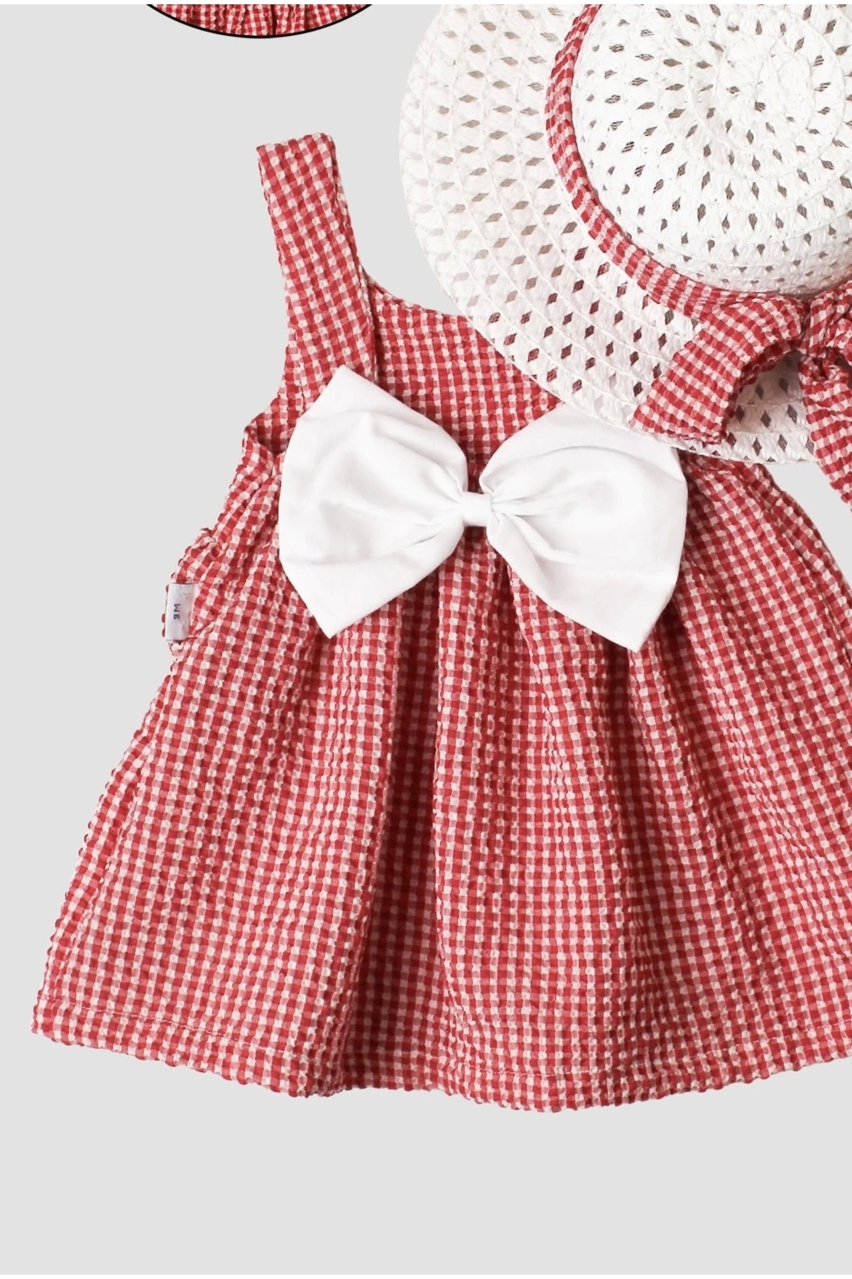 Chicsy Baby Şapkalı Pötikare Desenli Fiyonklu Esnek Kız Bebek Elbisesi fotoğrafı 4 (önizleme)