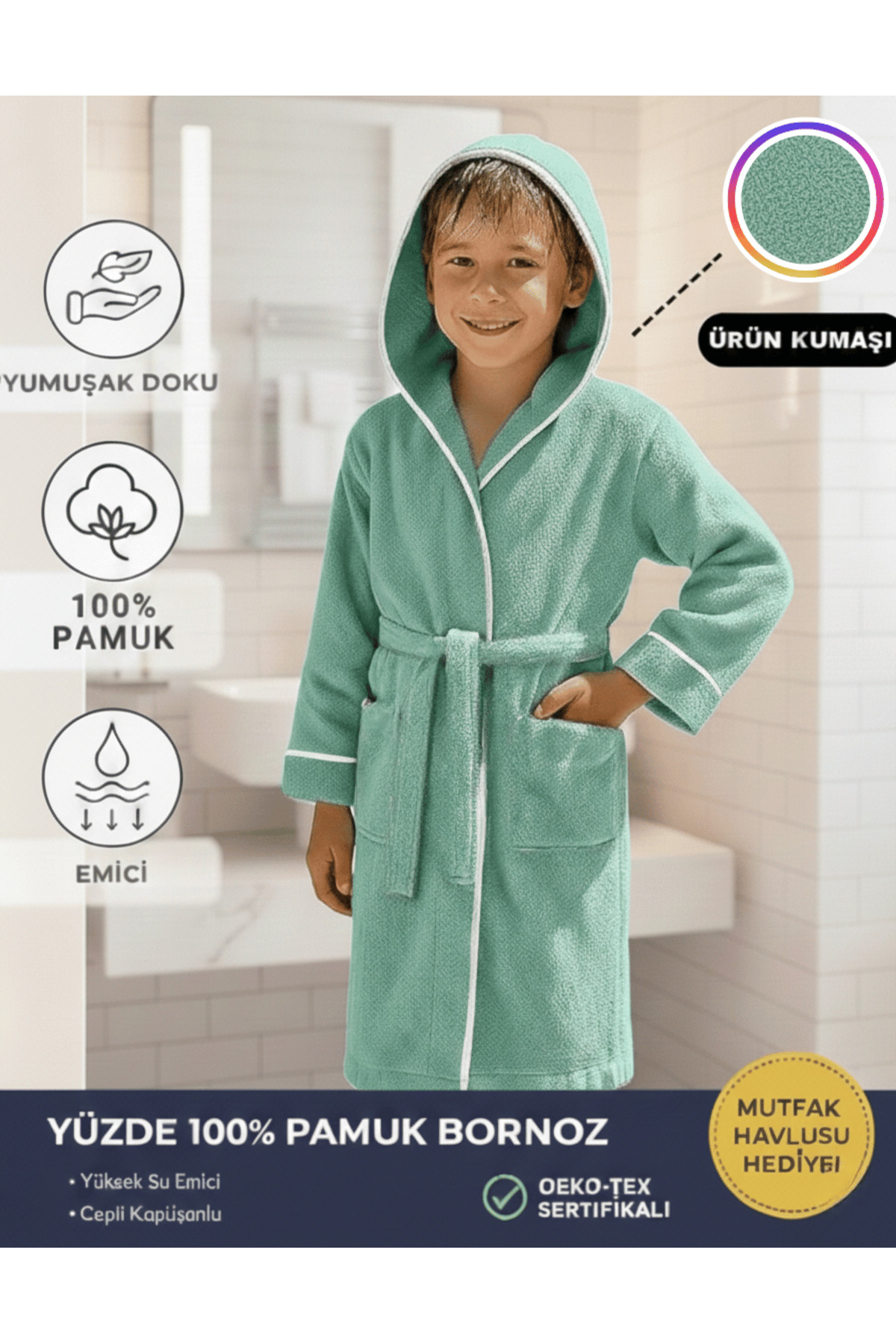 Layvera Kız-Erkek Çocuk Bornozu %100 Pamuk | Kapüşonlu – Cepli – Yumuşak – Biyeli – Mint Yeşil fotoğrafı 2 (önizleme)