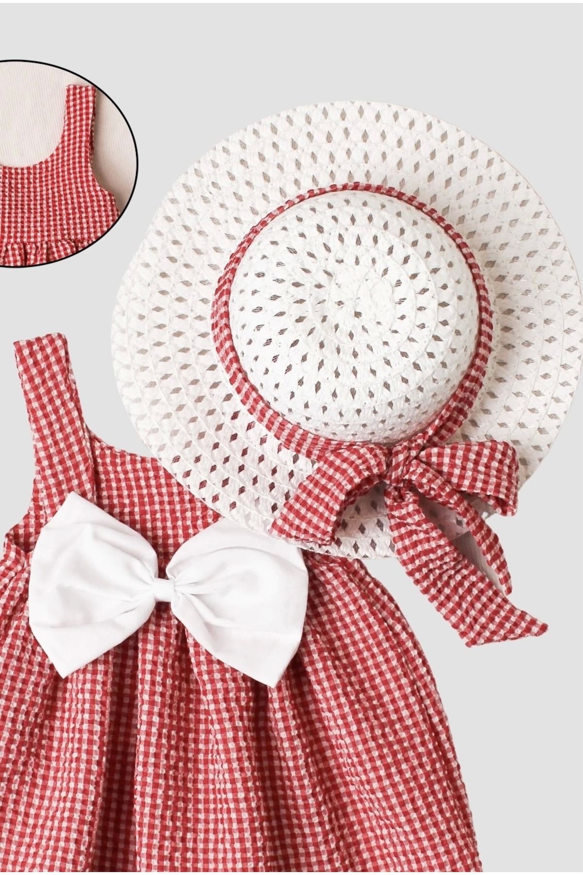 Chicsy Baby Şapkalı Pötikare Desenli Fiyonklu Esnek Kız Bebek Elbisesi fotoğrafı 3 (önizleme)