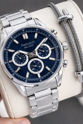 Ferrucci Koyu Lacivert Katran Özel Kutulu Damat Saati 3 Atm Suya Dayanıklı Çe...