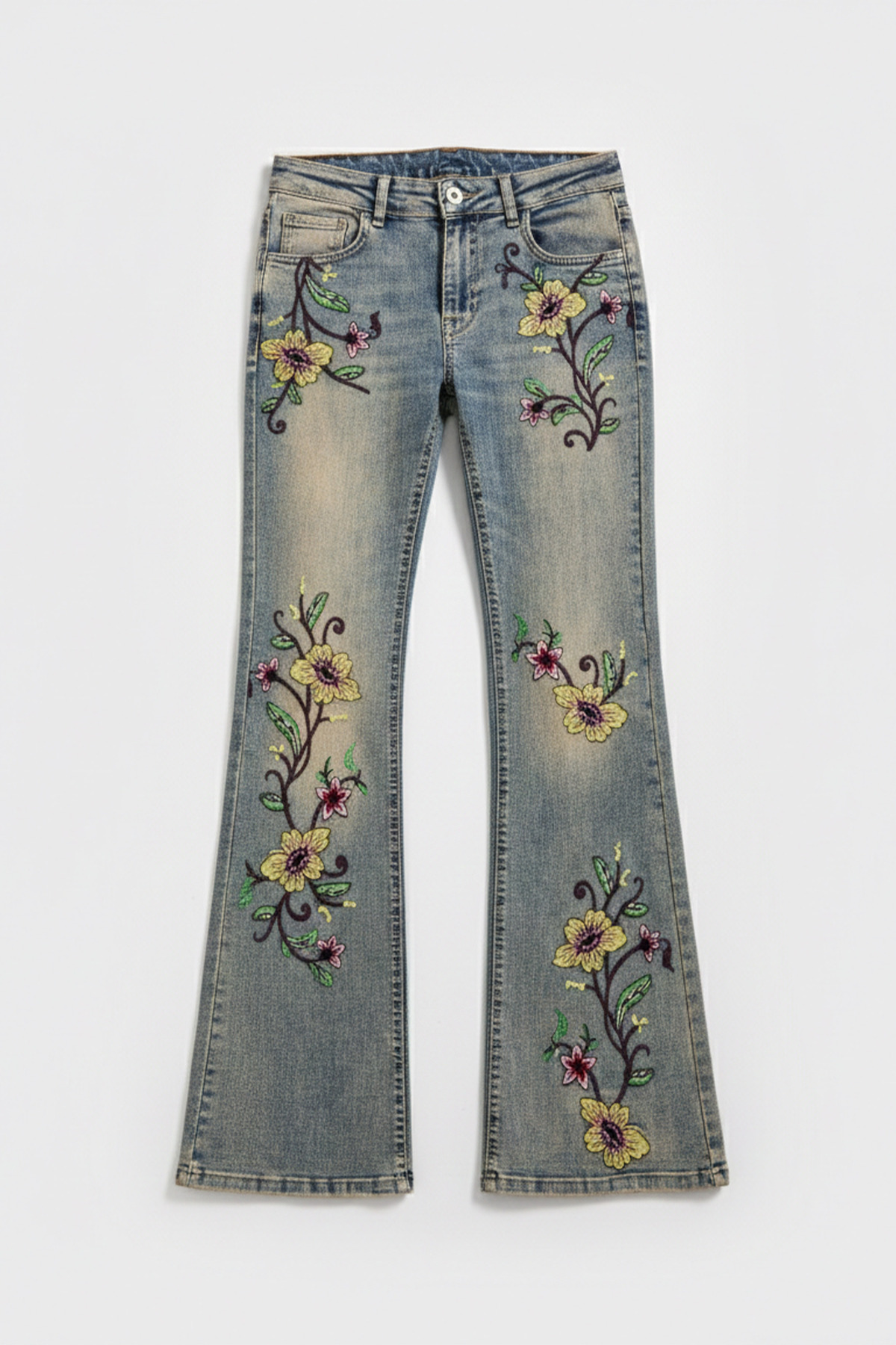 it's basic  Kadın T.Kot Rengi 4s6-91 Midrise Flare Fit Özel Nakış Desenli Elastan Kumaş Denim Jean - Görsel 5