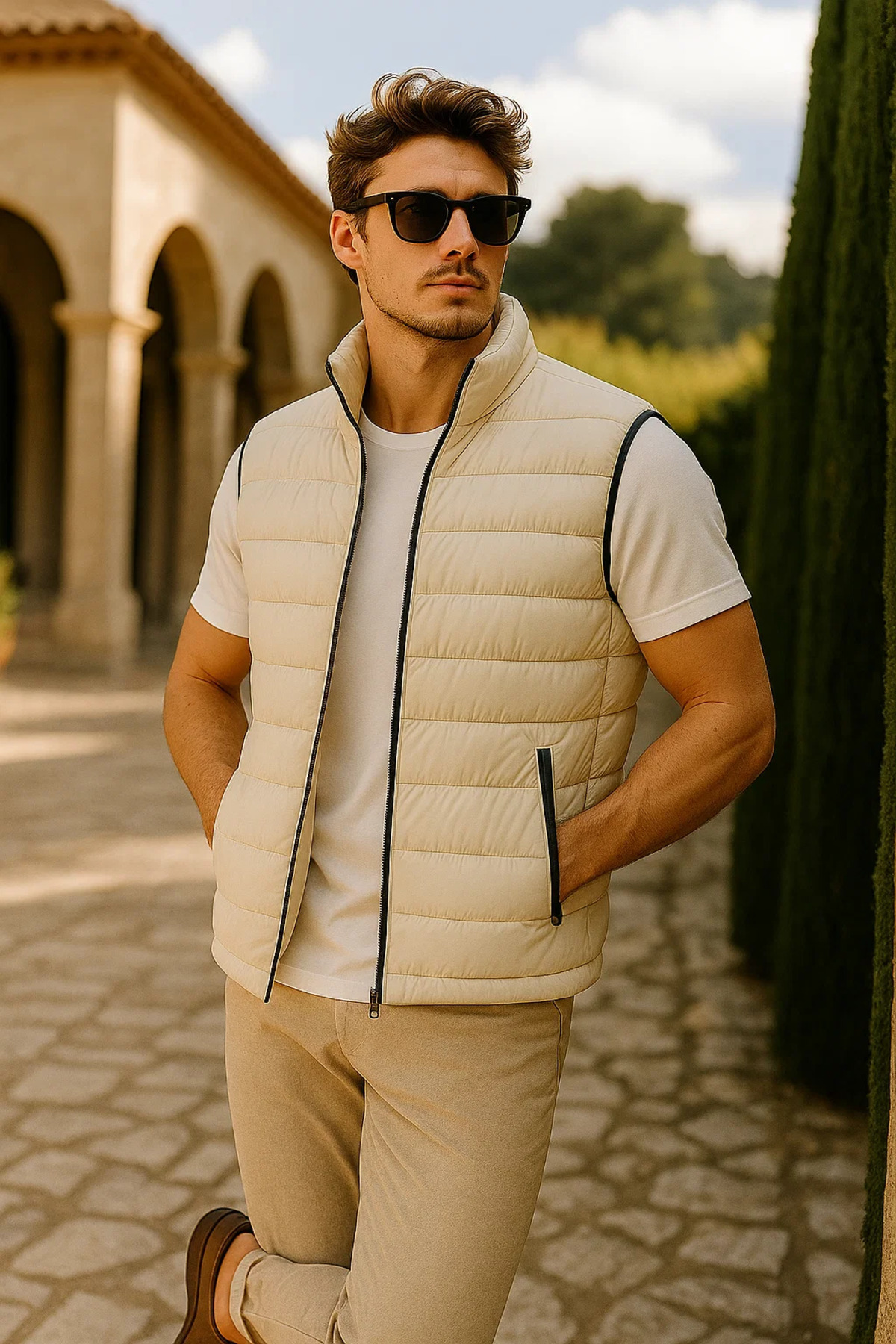 comstar  Erkek Kışlık Premium Trend Fermuarlı Krem Şişme Yelek - Görsel 4