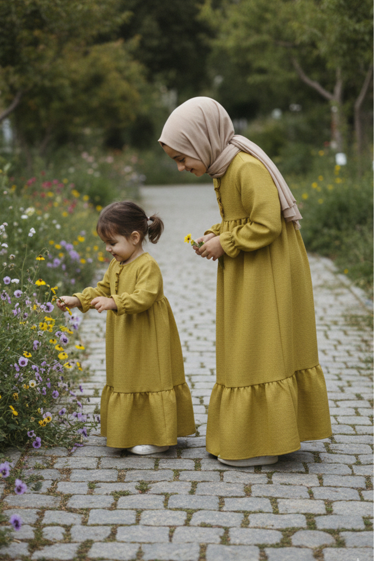 Betül Akbay Kız Çocuk Keten Elbise Mihri Model Uzun Tesettür Tam Boy Elbise